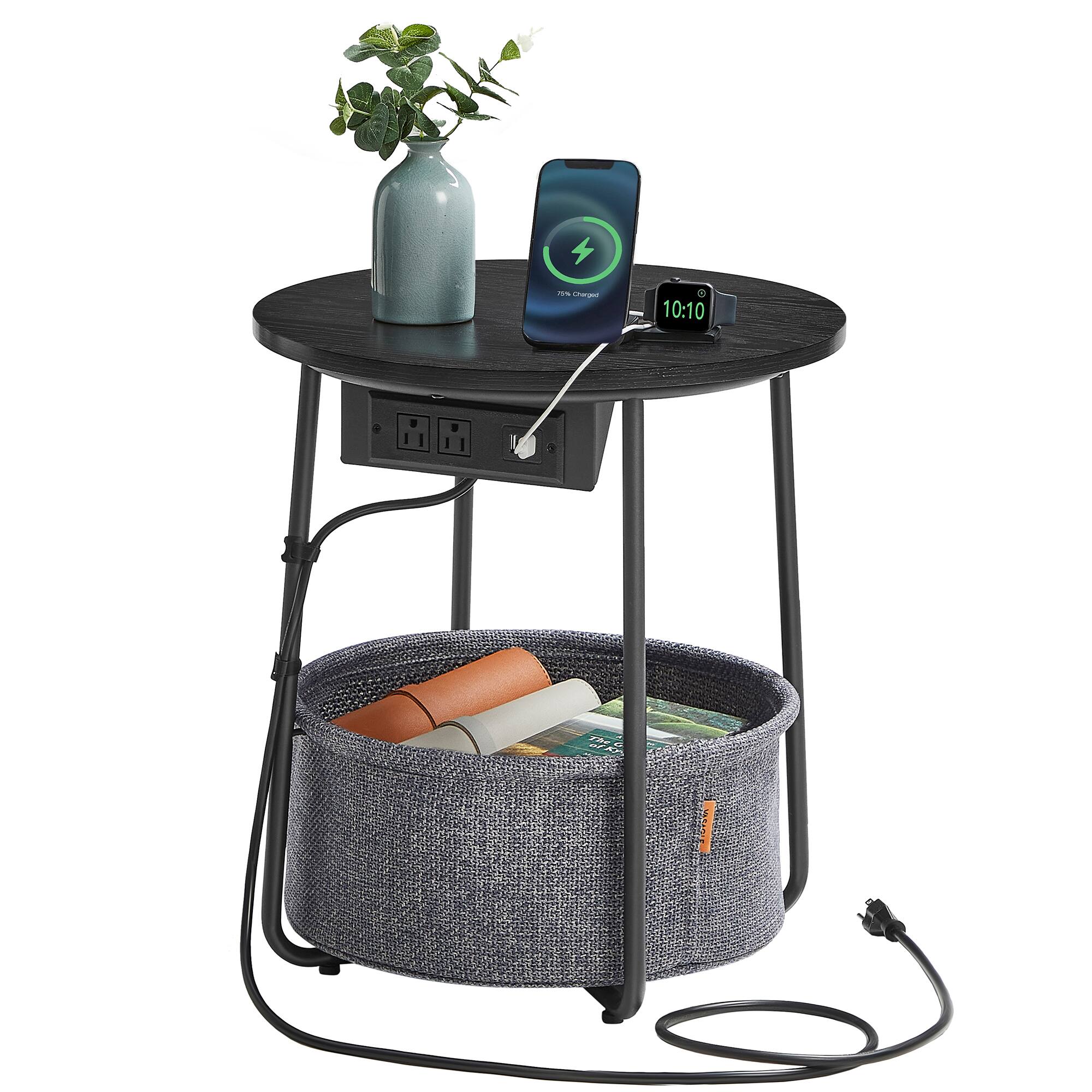 Songmics Home - LILEA Collection - Side Table with Charging Station, Round End Table with Fabric Basket, Nightstand with USB Ports - Ebony Black and Slate Gray