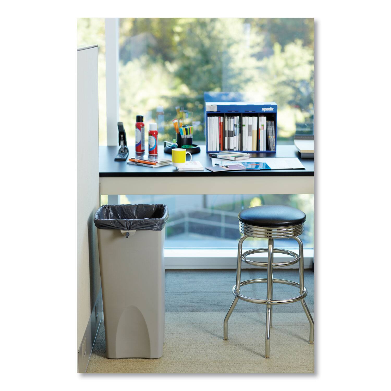 Angle. RubberMaid - Untouchable Square Waste Receptacle, 23 gal, Plastic, Beige.