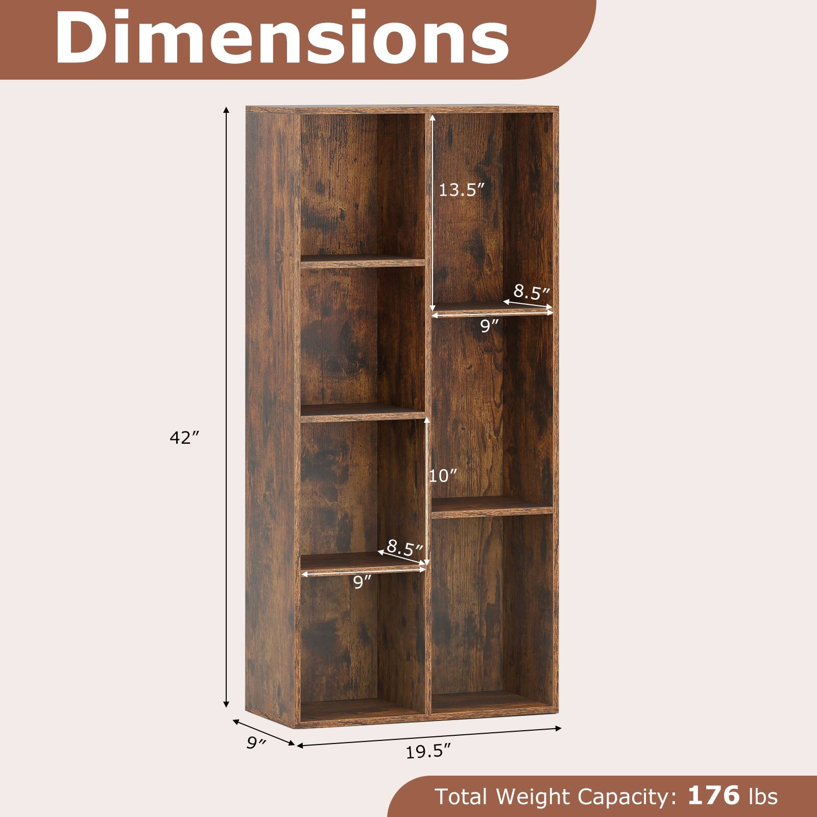 Dimensions: 13.5" x 8.5" x 9" x 42" x 10" x 8.5" x 9" x 9" x 19.5"  
Total Weight Capacity: 176 lbs