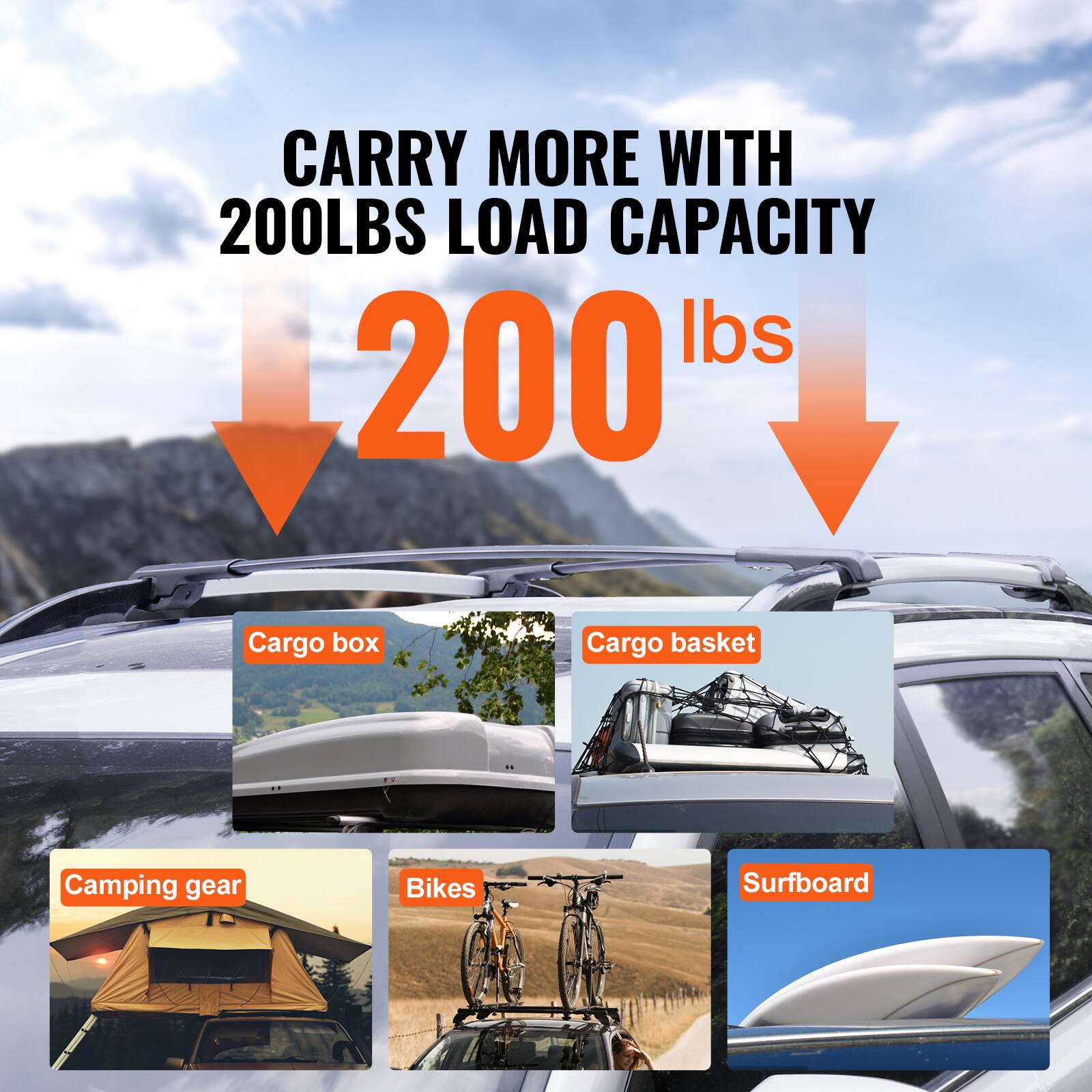 CARRY MORE WITH 200LBS LOAD CAPACITY

- Cargo box
- Cargo basket
- Camping gear
- Bikes
- Surfboard