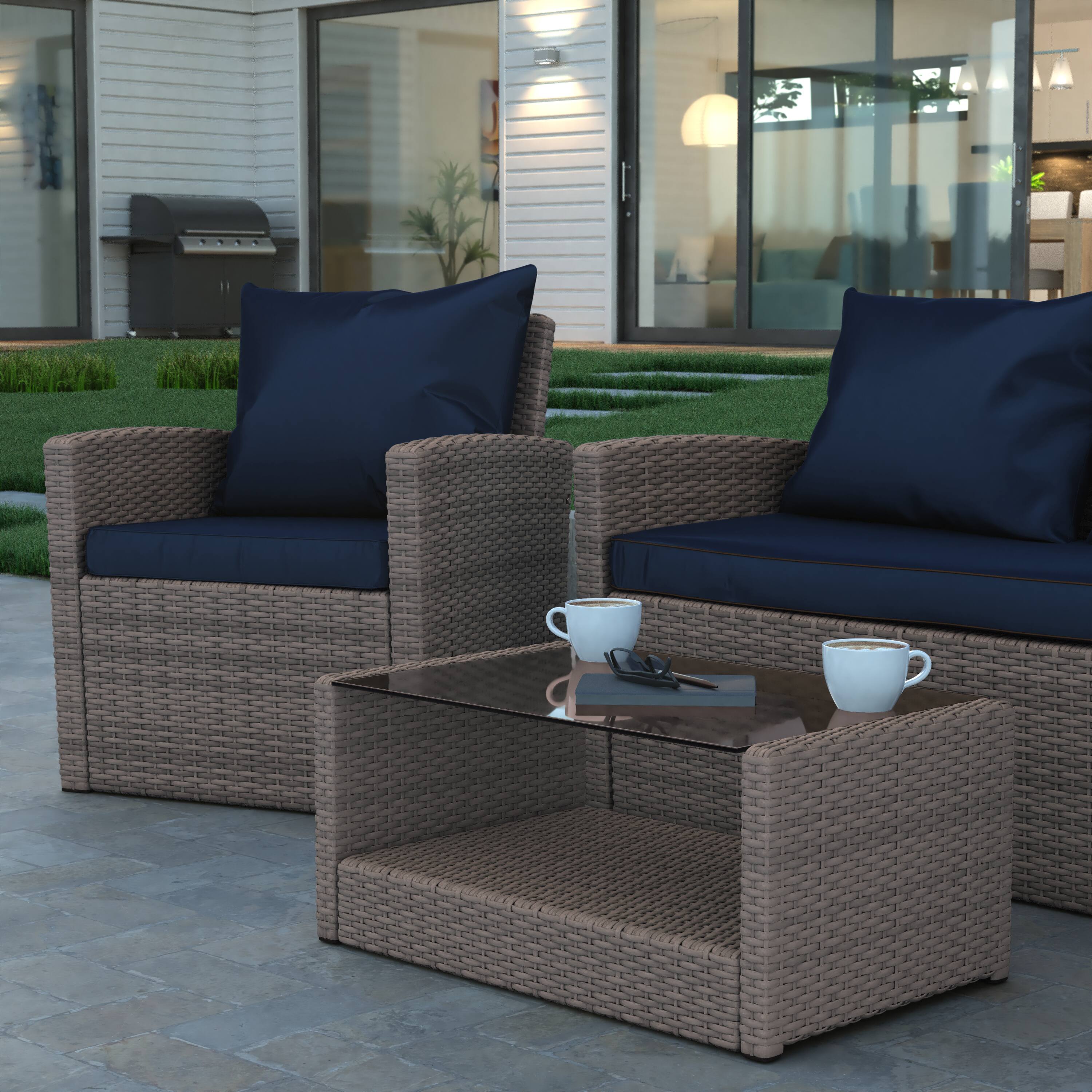 Alt View 4. Emma + Oliver - 4 Piece Patio Set with Gray Back Pillows & Seat Cushions - Outdoor Seating - Navy Cushions/Light Gray Frame.
