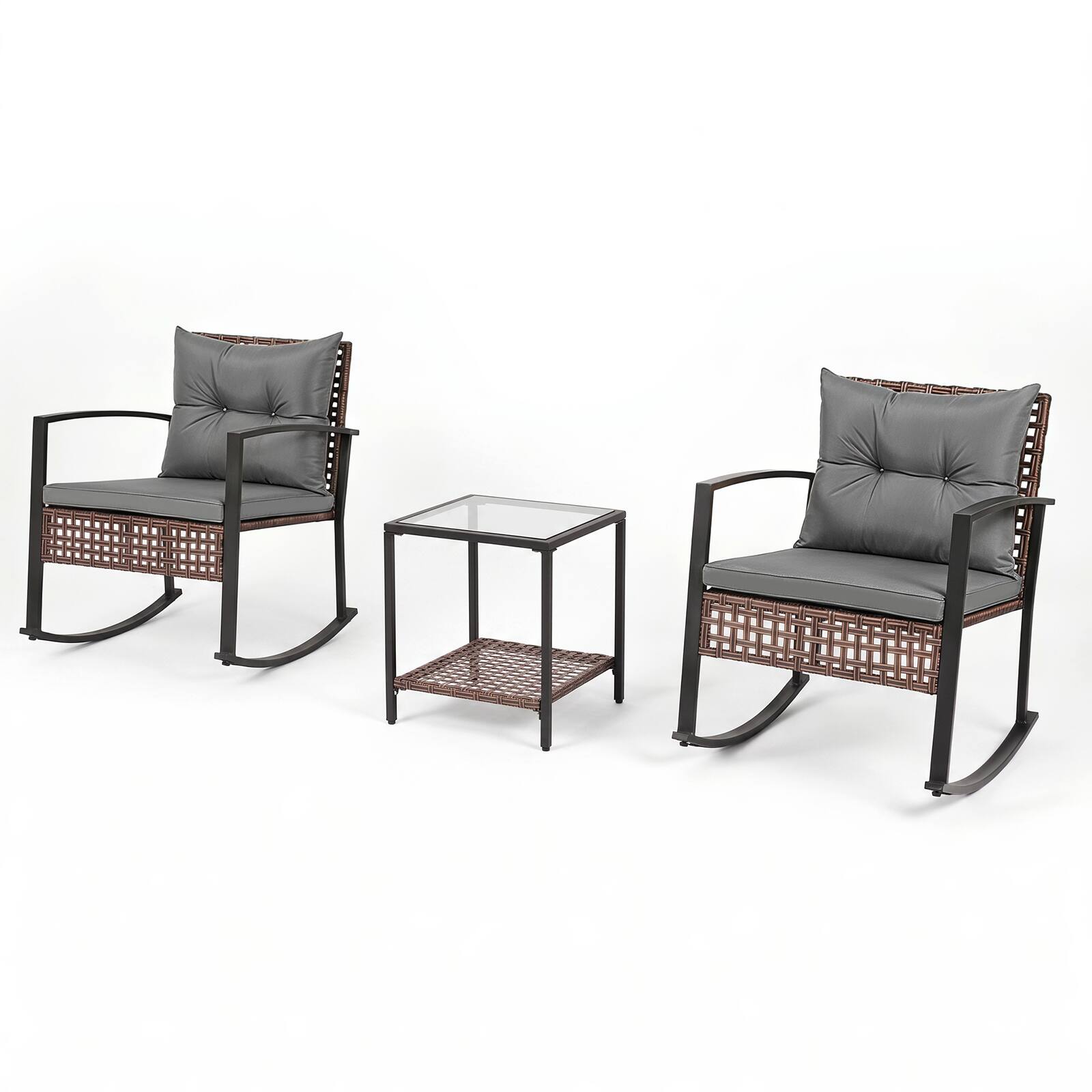Alt View 6. Gymax - Gymax 3PCS Rattan Wicker Patio Conversation Set w/Chairs 2-Tier Glass-Top Coffee Table Mixed Brown & Gray - Gray.