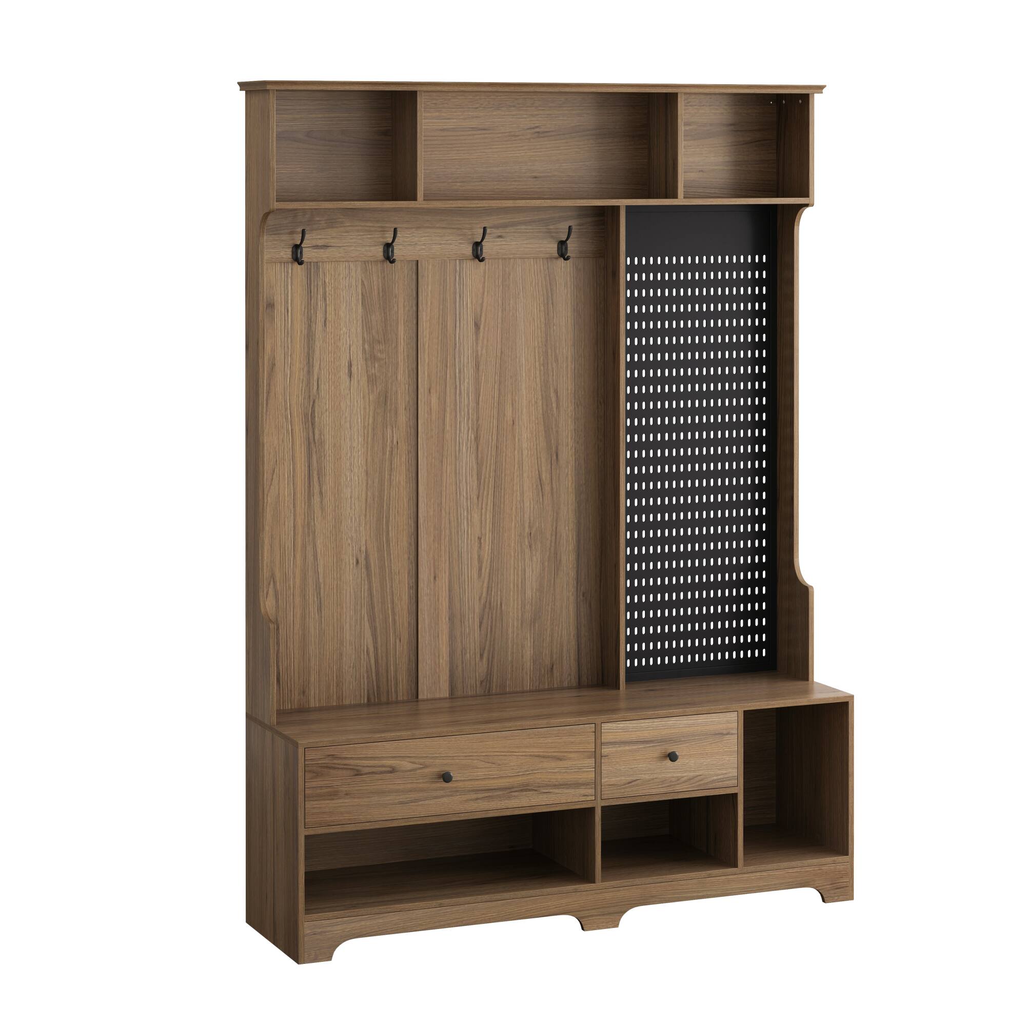 Alt View 5. GOODSILO - Multifunctional Entryway Storage Bench with Coat Rack, Shelves, and Customizable Pegboard for Organized Home Entry - Brown.