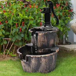 Gymax - 2 Tier Barrel Waterfall Fountain Barrel Water Fountain Pump Outdoor Garden - Imitating Bronze Color
