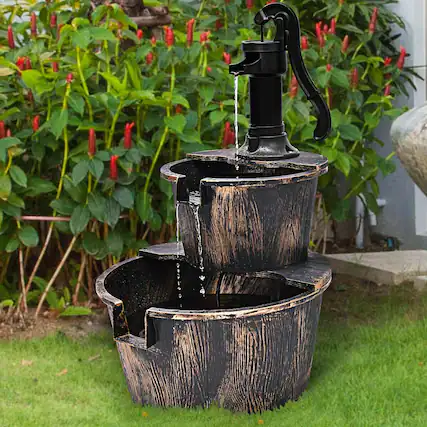 Front. Gymax - Gymax 2 Tier Barrel Waterfall Fountain Barrel Water Fountain Pump Outdoor Garden - Imitating Bronze Color.