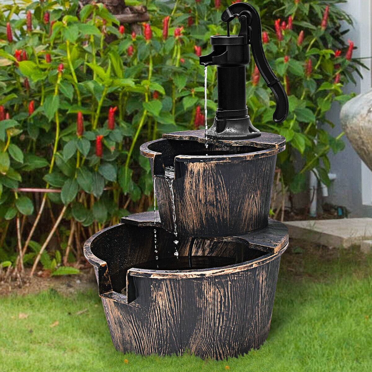 Front. Gymax - Gymax 2 Tier Barrel Waterfall Fountain Barrel Water Fountain Pump Outdoor Garden - Imitating Bronze Color.