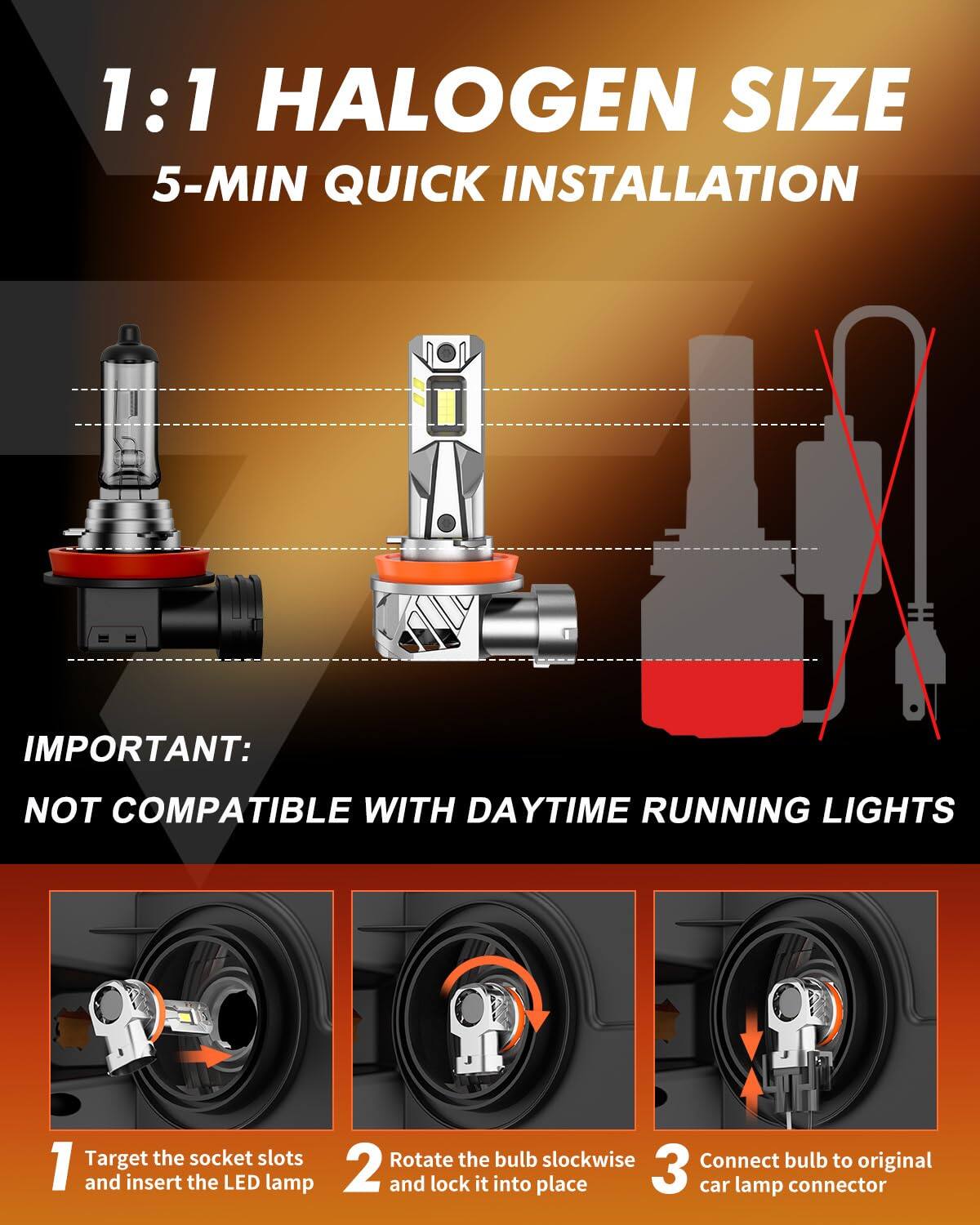 1:1 HALOGEN SIZE  
5-MIN QUICK INSTALLATION  

IMPORTANT:  
NOT COMPATIBLE WITH DAYTIME RUNNING LIGHTS  

1. Target the socket slots and insert the LED lamp  
2. Rotate the bulb clockwise and lock it into place  
3. Connect bulb to original car lamp connector
