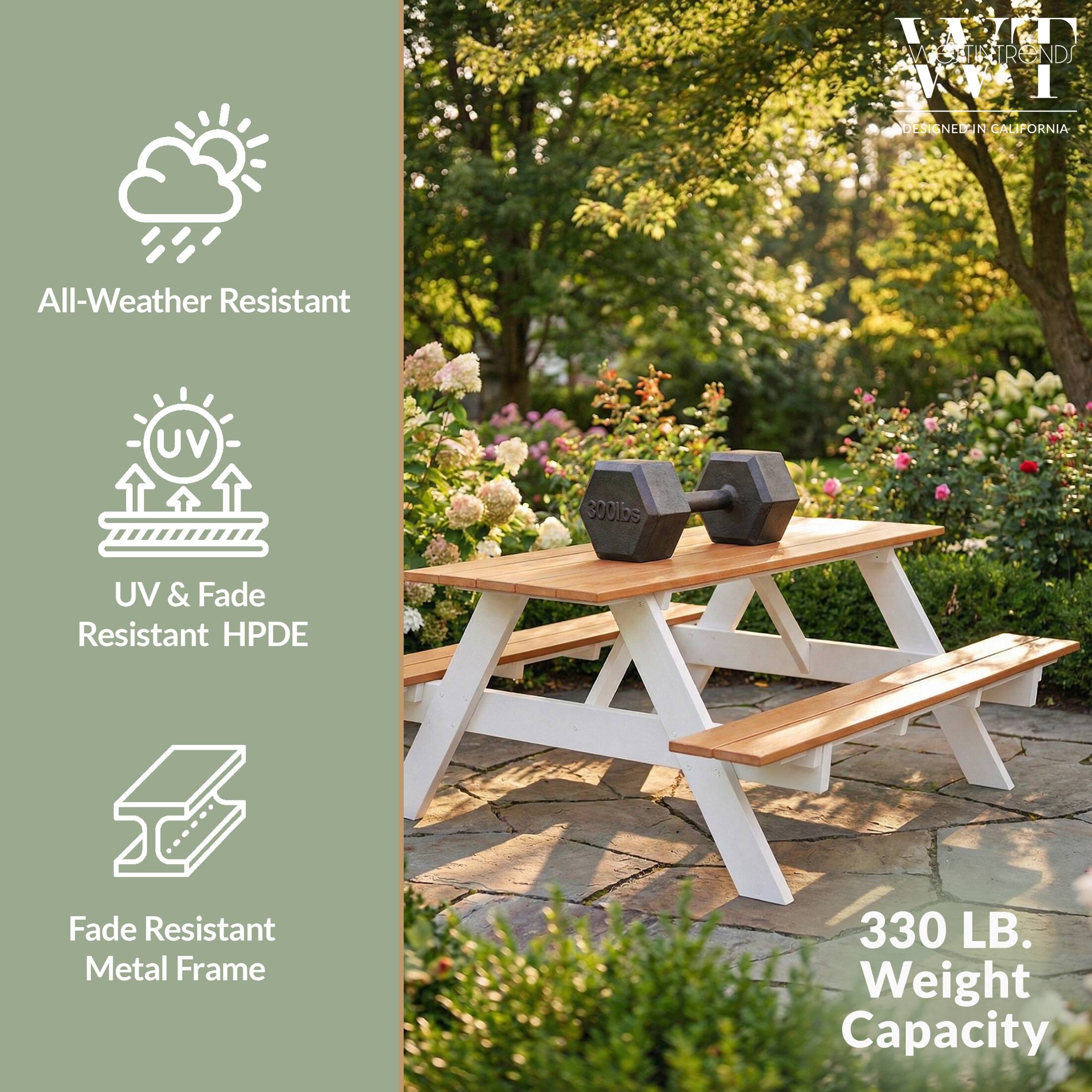 MAPAD WELLTIRTROND AND DESIGNELAN N CALIPORNIA All-Weather Resistant UV 300lbs UV & Fade Resistant HPDE Fade Resistant Metal Frame 330 LB. Weight Capacity