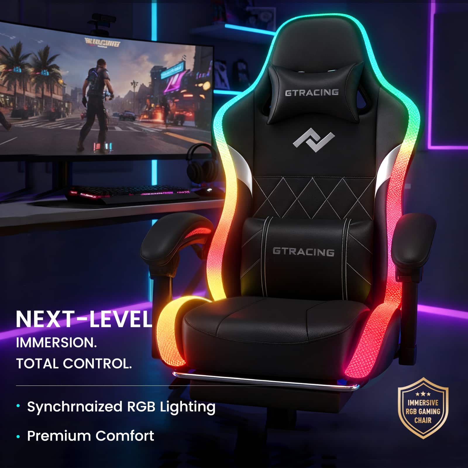 **NEXT-LEVEL IMMERSION. TOTAL CONTROL.**
- Synchronized RGB Lighting
- Premium Comfort
**IMMERSIVE RGB GAMING CHAIR**