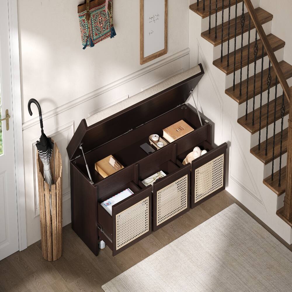 Alt View 3. Ropilly - Ropilly Retro Entryway Shoe Bench with Rattan Drawers Tufted Cushion Hidden Storage Espresso Hallway Foyer Seating - Espresso.