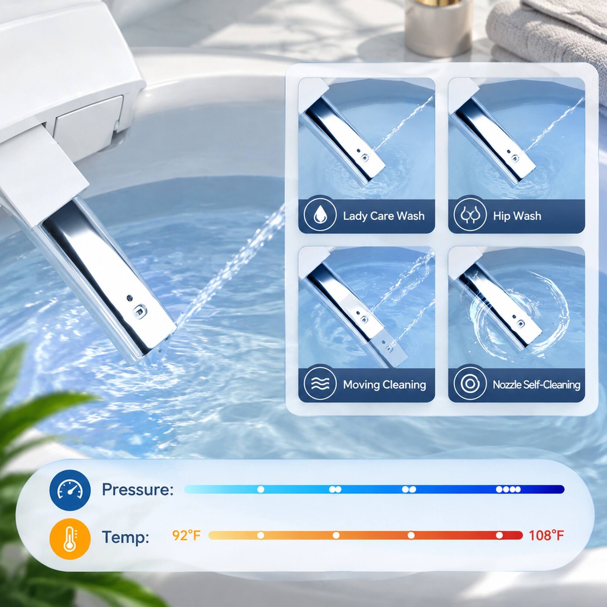Lady Care Wash  
Hip Wash  
Moving Cleaning  
Nozzle Self-Cleaning  

Pressure:  
Temp: 92°F  
108°F
