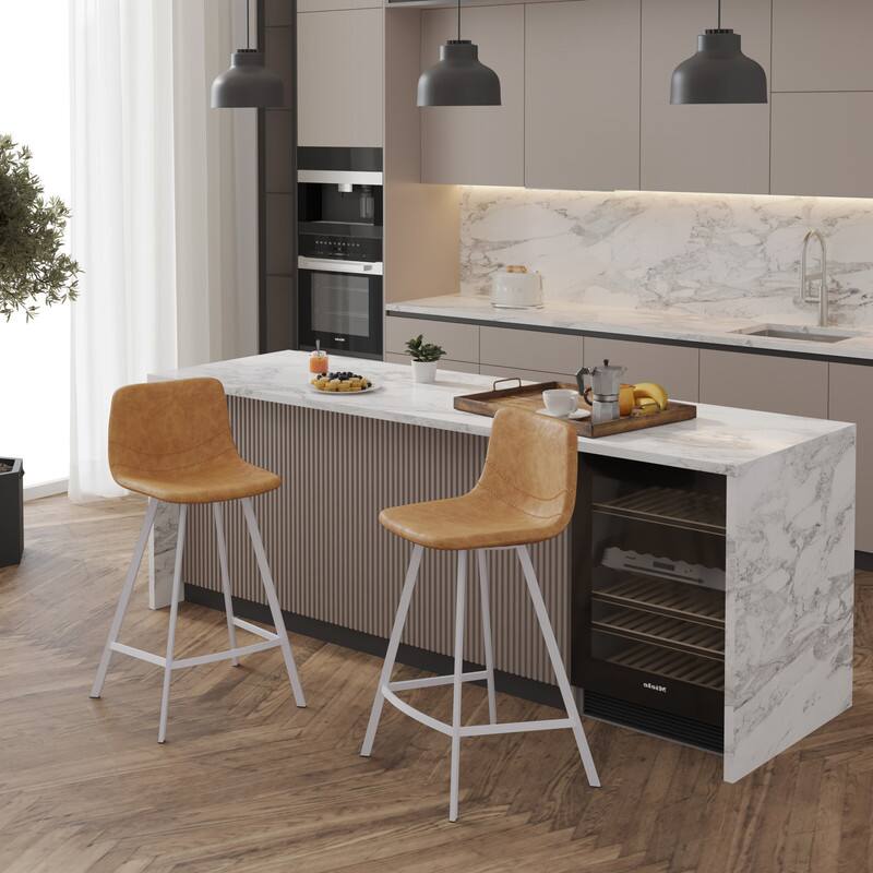 Left. LeisureMod - Elland 24-Inch Counter Stool with White Base, Modern Upholstered Leather Counter Height Barstool Set of 2 - Light Brown.