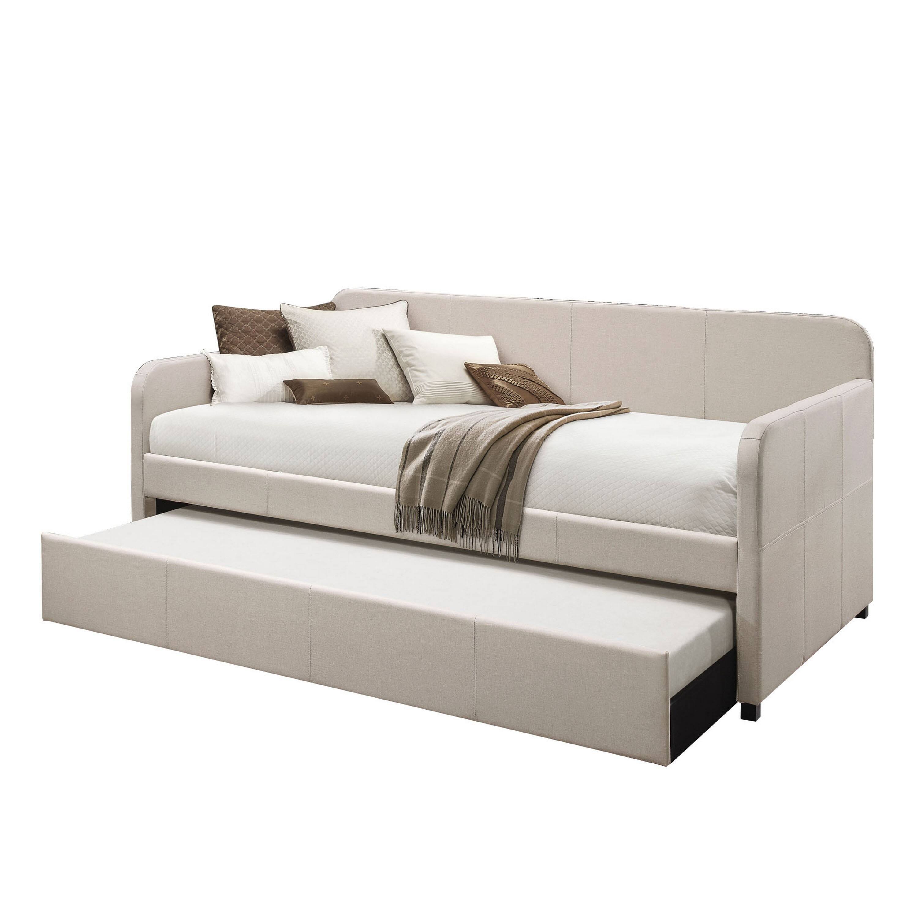 Alt View 2. Manhattan Lane - Fabric Upholstered Wooden Day Bed with Trundle and Panel Back, Beige - Beige.