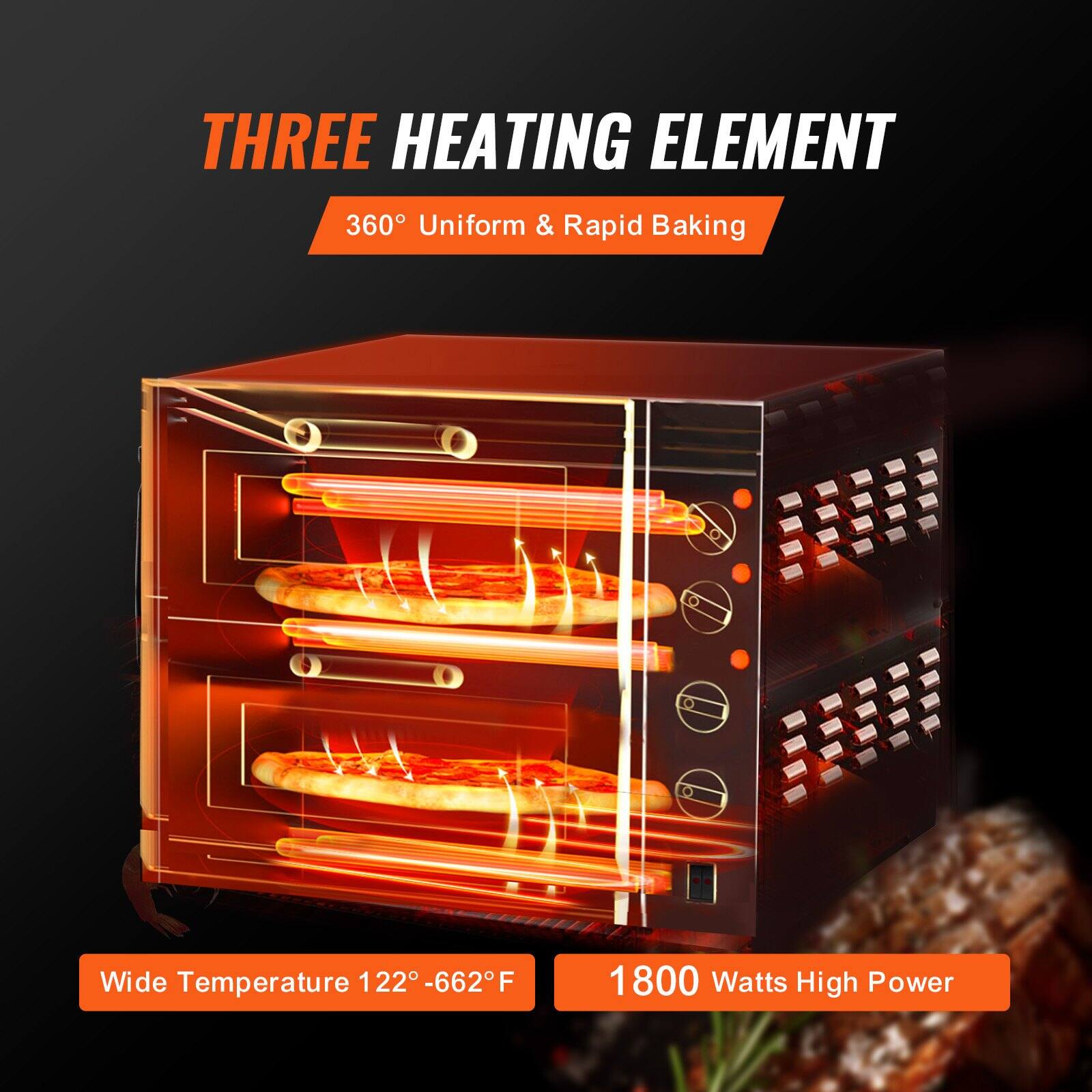 THREE HEATING ELEMENT  
360° Uniform & Rapid Baking  

Wide Temperature 122°-662°F  

1800 Watts High Power