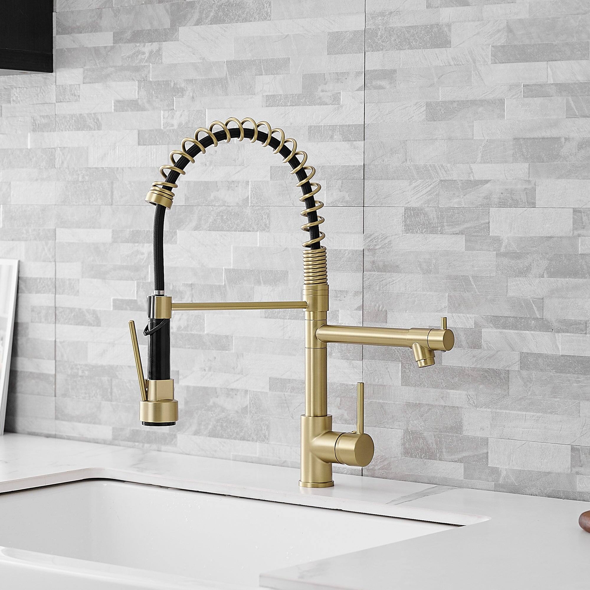 Front. Boyel Living - Brushed Gold 2 Spray Patterns Single Handle No Sensor Pull Down Sprayer Kitchen Faucet with Pot Filler - Brushed Gold.