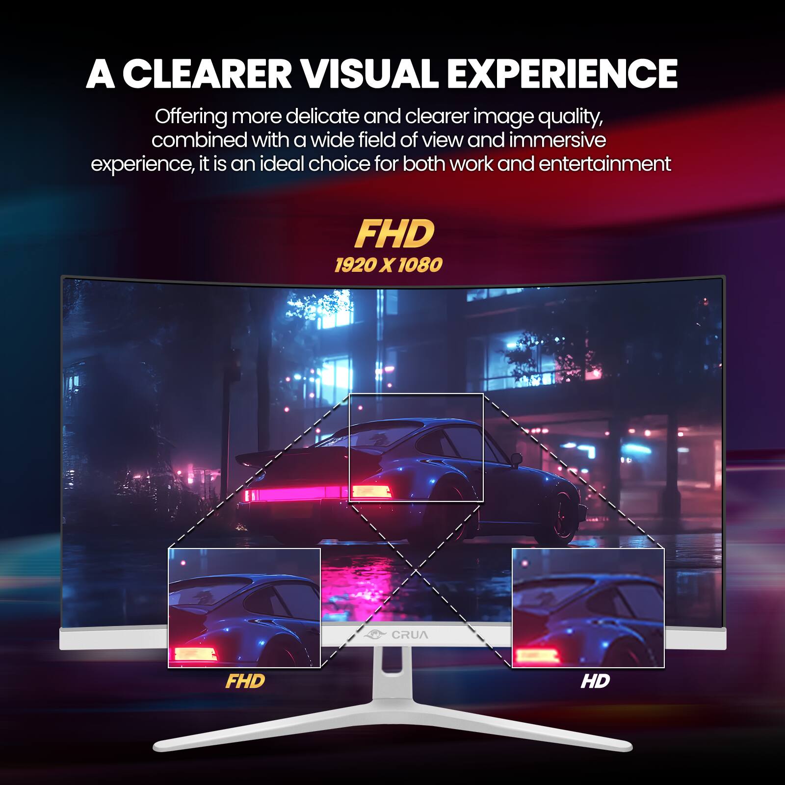 A CLEARER VISUAL EXPERIENCE  
Offering more delicate and clearer image quality, combined with a wide field of view and immersive experience, it is an ideal choice for both work and entertainment  

FHD  
1920 X 1080  

FHD  
CRUA  
HD
