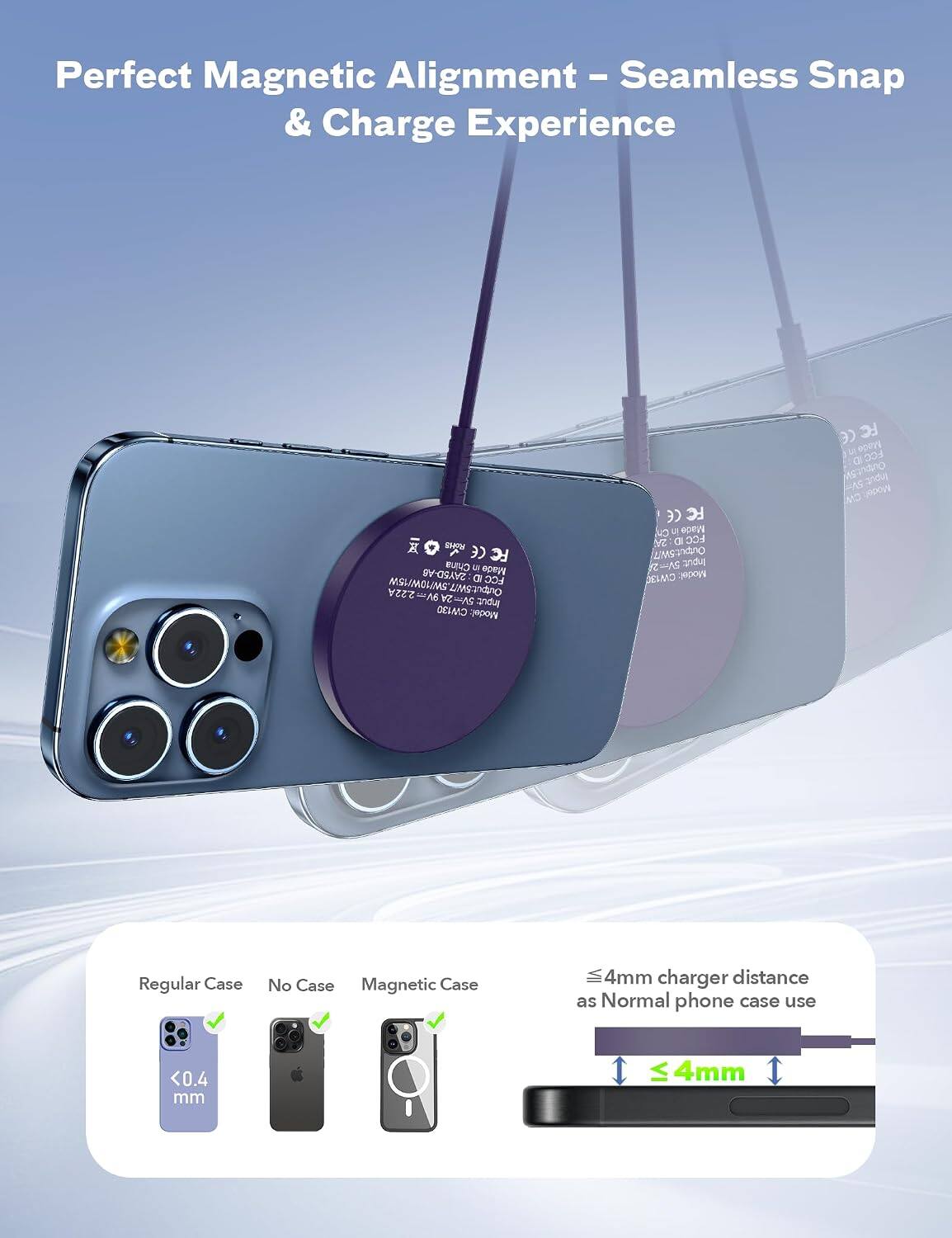 Perfect Magnetic Alignment - Seamless Snap & Charge Experience

ROMB ((China) Made MSHMOLING D:2AY5D-AS FCC SV=222A 2A Output:5WI7 24SH Input CW130 Model: CE FC 2 in Made ID FCC Output.5W/7 SV=2 Input CM130 Model: FC Made FCC Output 5W pow

Regular Case
No Case
Magnetic Case
≤4mm charger distance as Normal phone case use
<0.4 mm