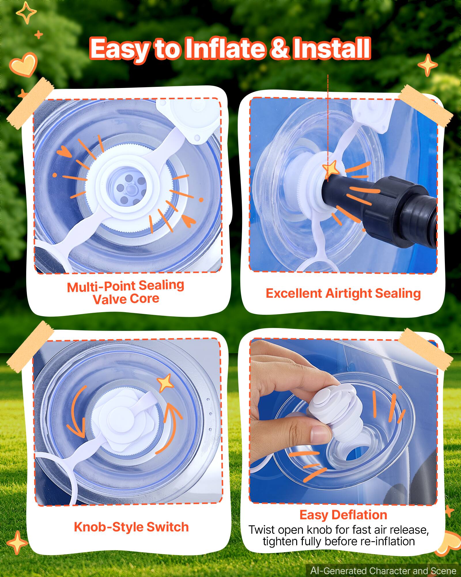 Easy to Inflate & Install

Multi-Point Sealing Valve Core

Excellent Airtight Sealing

Knob-Style Switch

Easy Deflation
Twist open knob for fast air release, tighten fully before re-inflation

AI-Generated Character and Scene