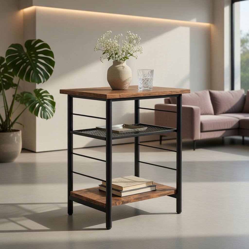Left. Pefilos - 3-Tier End Table Set of 2, Metal Frame with Open Storage Shelves, Brown - Brown.
