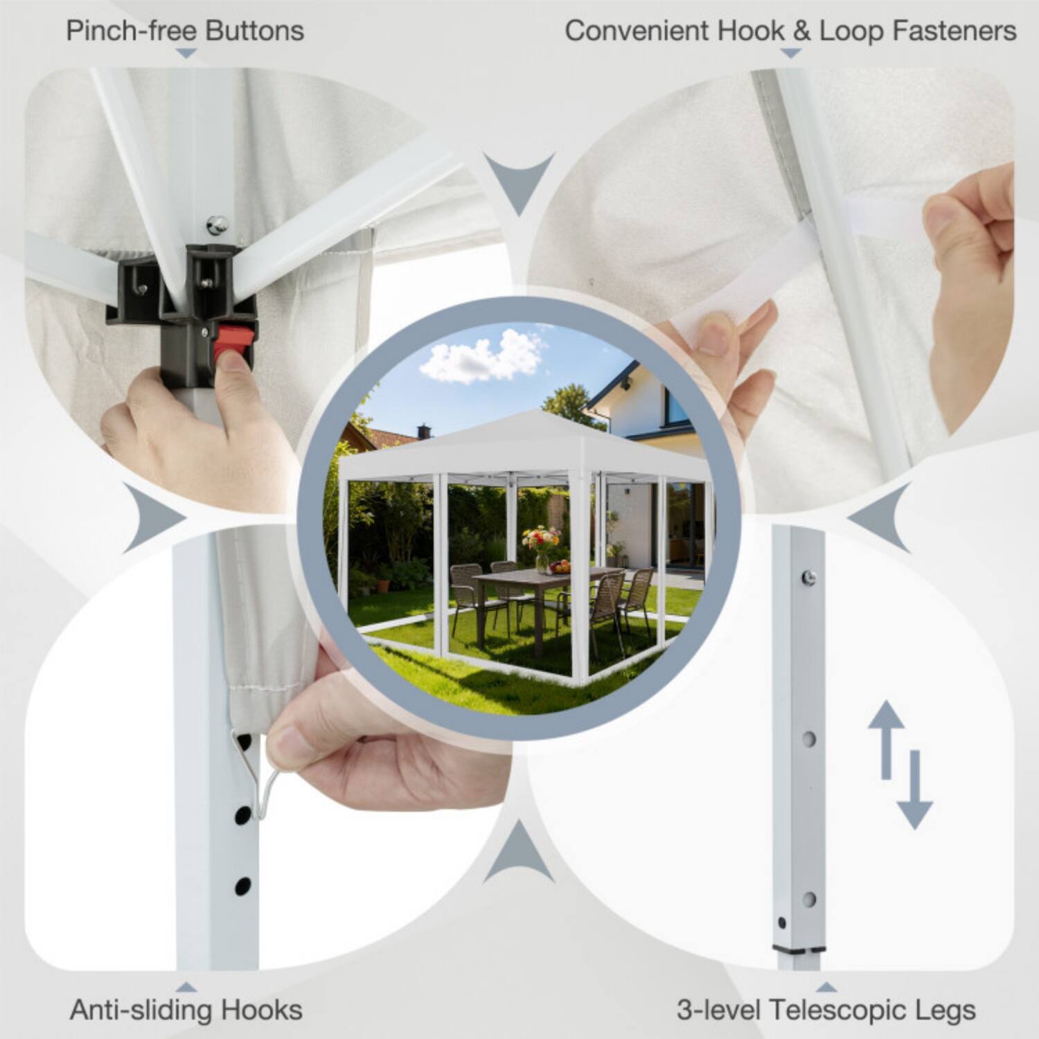 - Pinch-free Buttons
- Convenient Hook & Loop Fasteners
- Anti-sliding Hooks
- 3-level Telescopic Legs