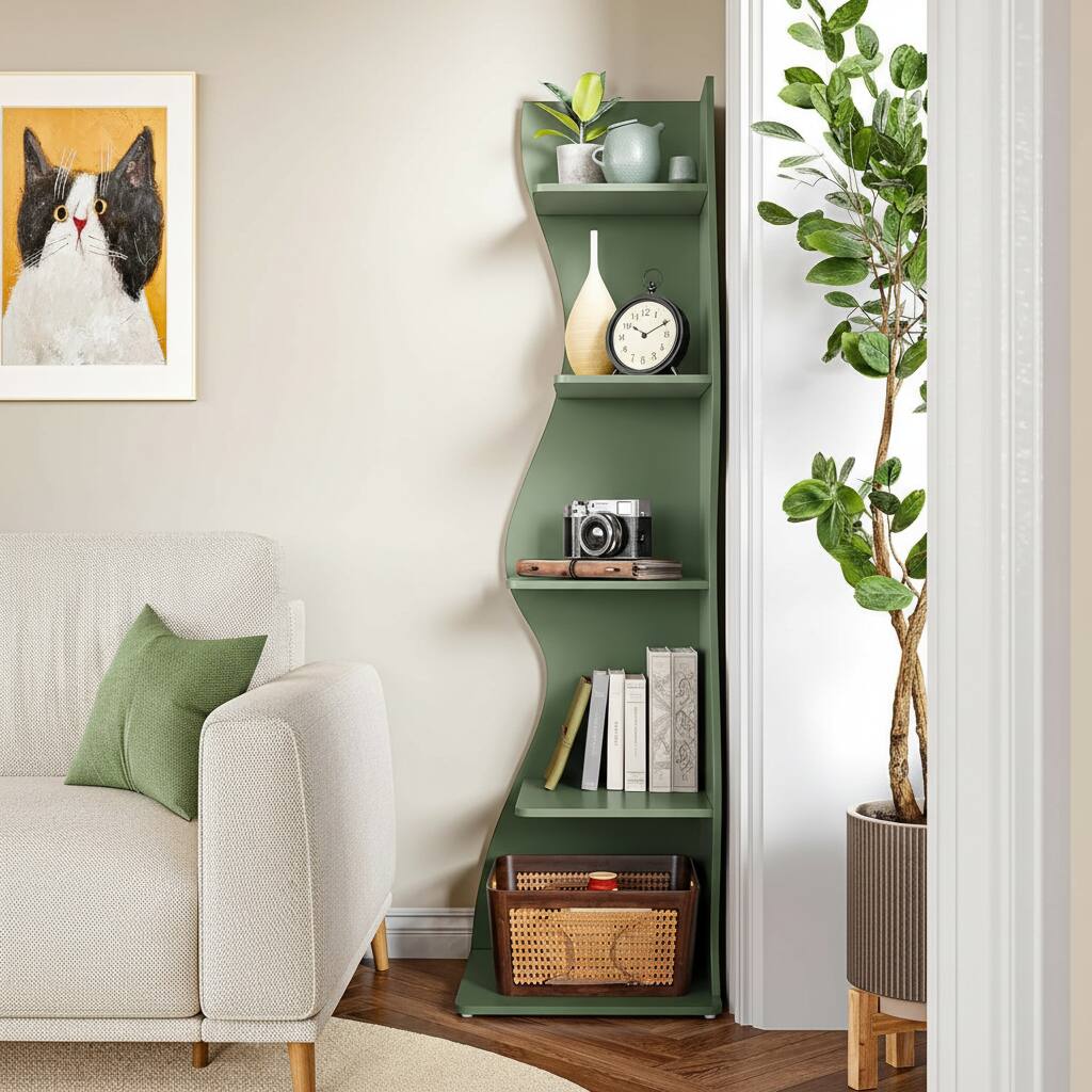 Left. ZUQIETA - ZUQIETA Modern 5-Tier Corner Bookshelf - Compact Storage Shelf for Small Spaces in Living Room & Bedroom - Green.