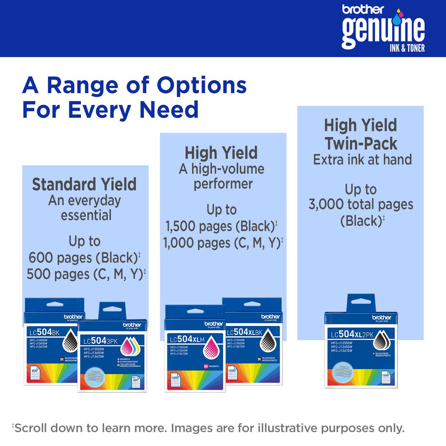 A Range of Options For Every Need

Standard Yield  
An everyday essential  
Up to 600 pages (Black)*  
500 pages (C, M, Y)*

High Yield  
A high-volume performer  
Up to 1,500 pages (Black)*  
1,000 pages (C, M, Y)*

High Yield Twin-Pack  
Extra ink at hand  
Up to 3,000 total pages (Black)*

*Scroll down to learn more. Images are for illustrative purposes only.