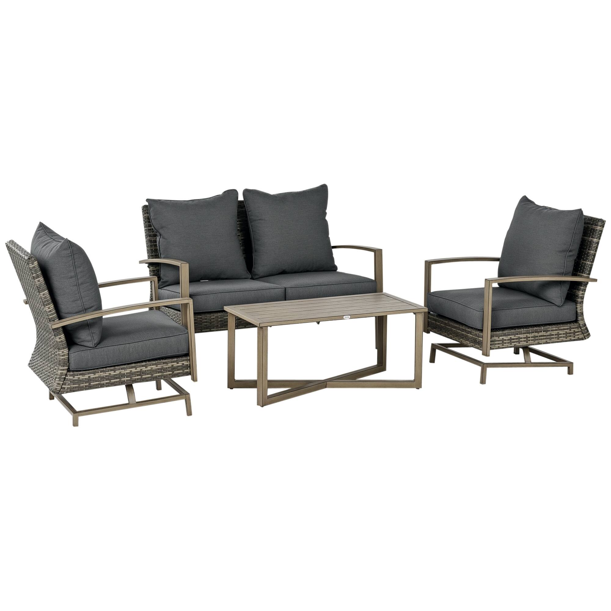 Front. Outsunny - 4 Piece Wicker Patio Furniture Set with 2 Rocking Chairs, Loveseat Sofa, Outdoor PE Rattan Conversation Set - Dark Gray.