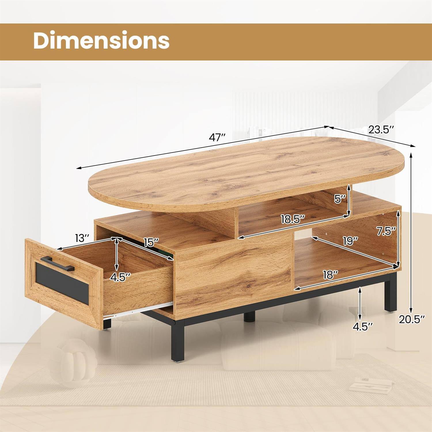 Dimensions: 47" x 23.5" x 5" x 13" x 15" x 18.5" x 19" x 7.5" x 4.5" x 18" x 4.5" x 20.5"