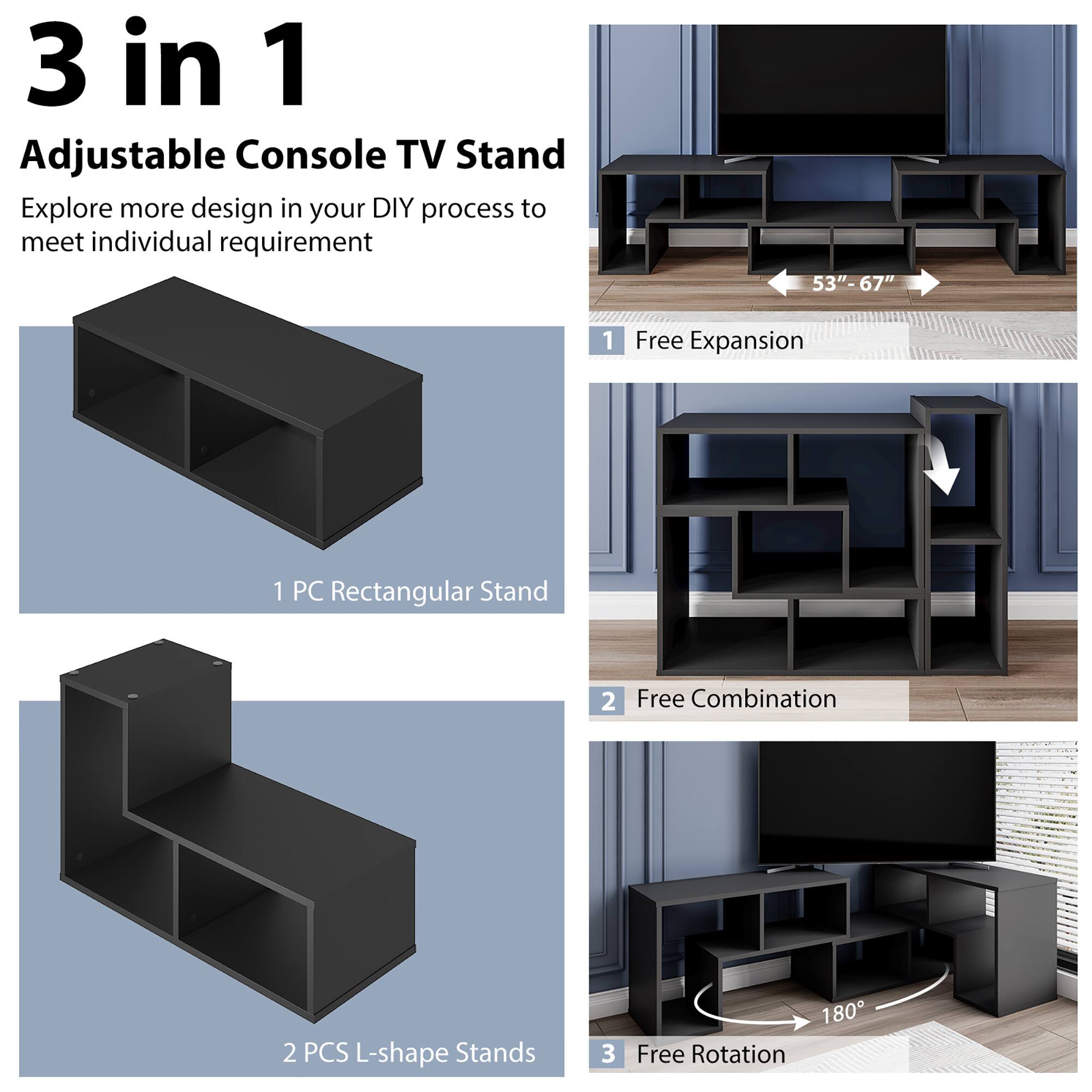 The image features a 3 in 1 Adjustable Console TV Stand that allows for various design options in the DIY process to meet individual requirements. The stand is available in two different shapes: a 53"-67" rectangular stand and two L-shape stands. Additionally, the stand comes with a free expansion and three 180-degree free rotations.