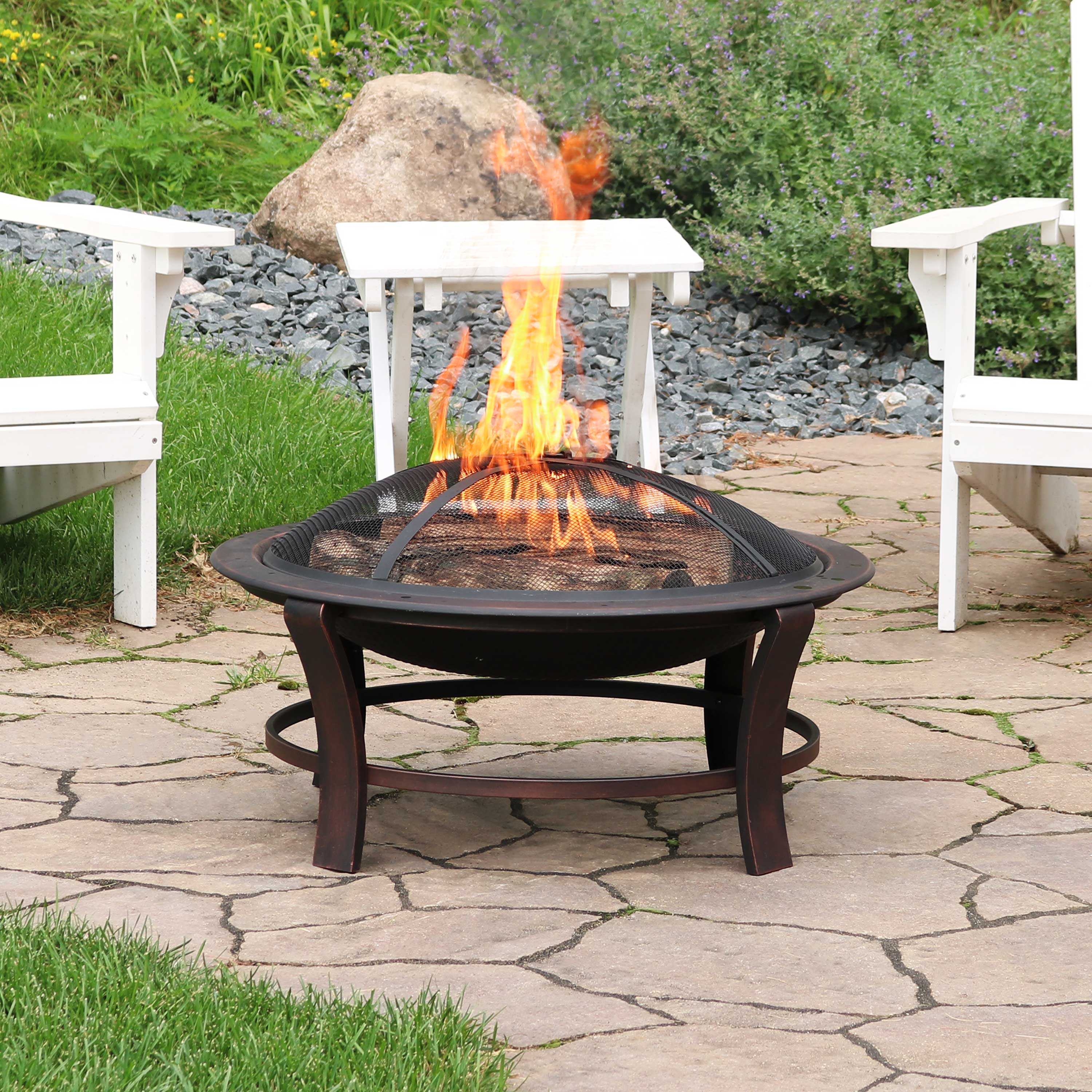 Alt View 1. Sunnydaze - 29 in Elevated Steel Fire Pit Bowl with Stand, Screen, and Poker - Bronze.