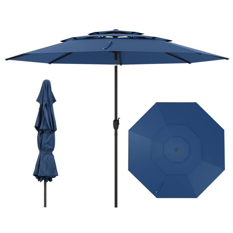 SlickBlue - 3-Tier Vented Outdoor Patio Umbrella, 10-ft with Tilt Mechanism - Navy