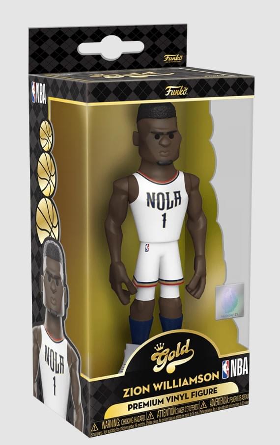 Funko NBA  
Zion Williamson  
Gold  
Premium Vinyl Figure  
NOLA 1  
Warning: Choking Hazard - Small parts. Not for children under 3 years.