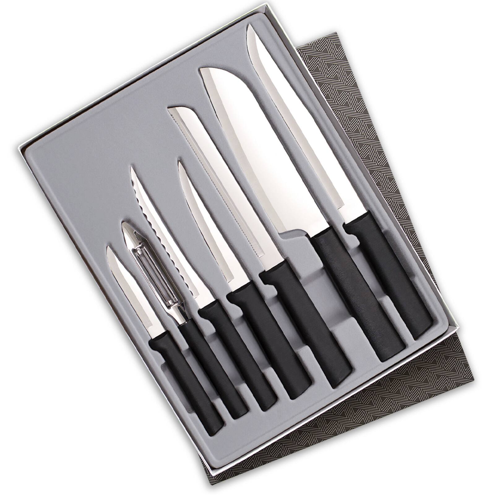 Front. Rada - 7 Piece Knife Starter Set with Gift Box, Black Handles - Black.