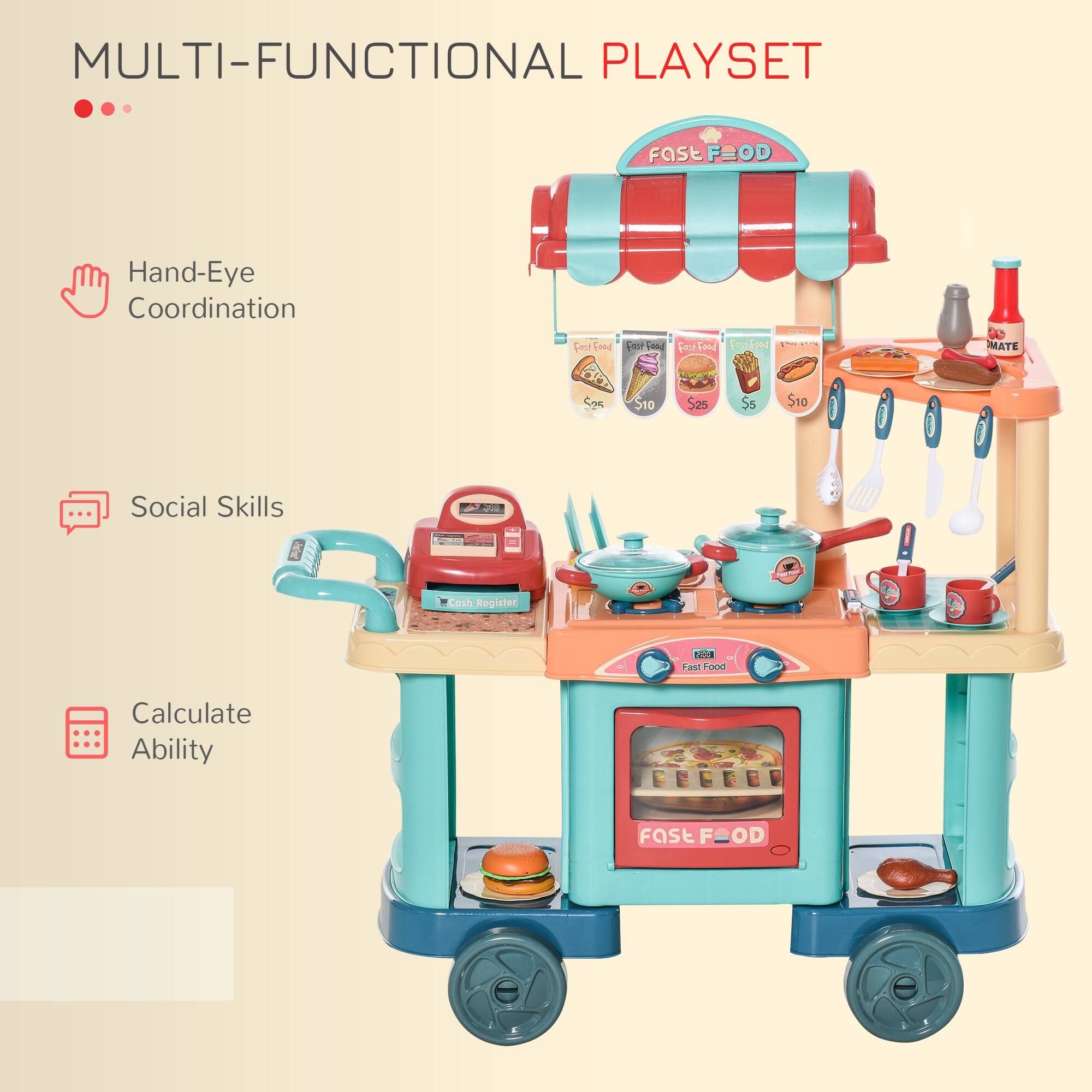 MULTI-FUNCTIONAL PLAYSET

- Hand-Eye Coordination
- Social Skills
- Calculate Ability

FAST FOOD

- Cash Register
- Pizza
- Burger
- Ice Cream
- Soda
- Coffee