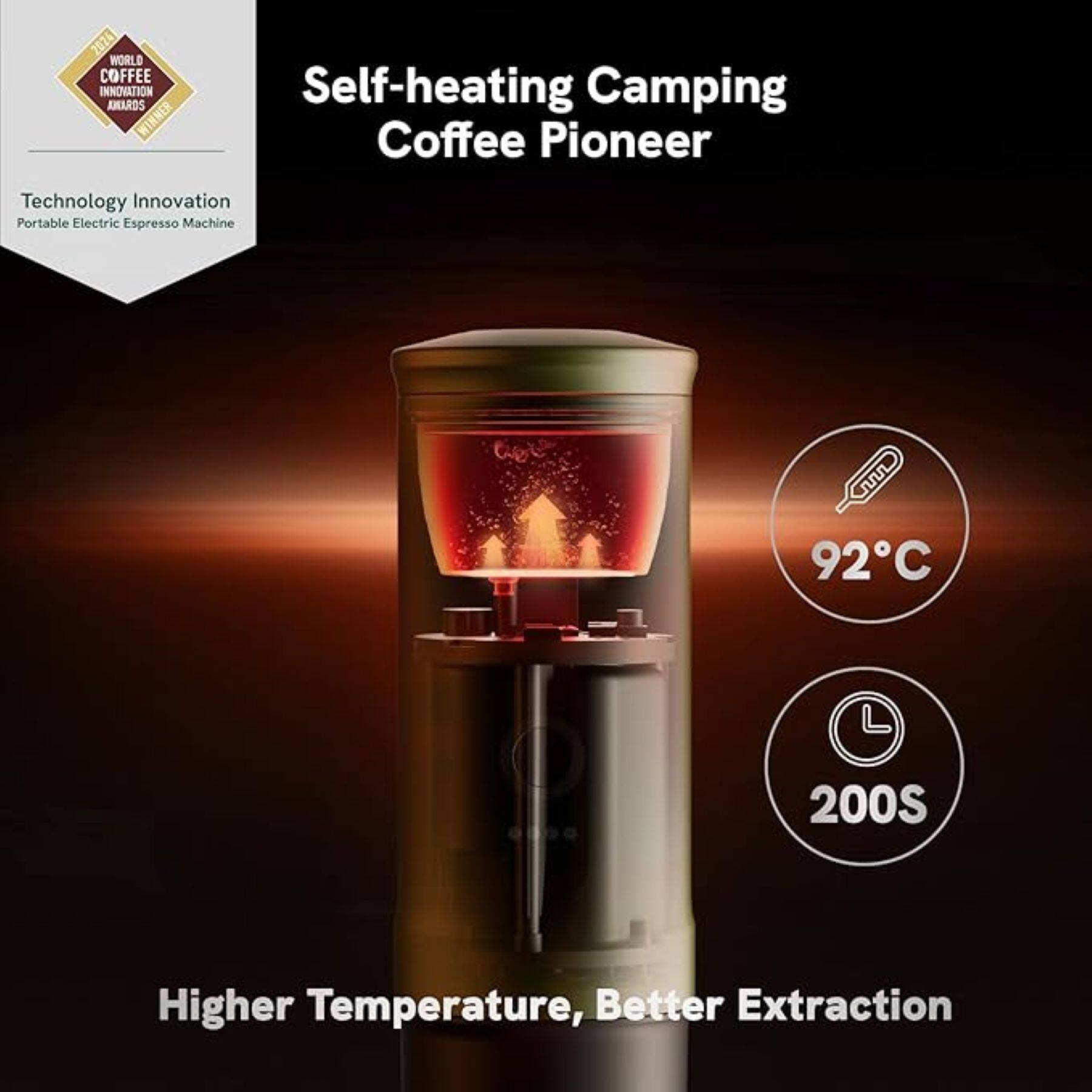 2024 WORLD COFFEE INNOVATION AWARDS WINNER

Self-heating Camping Coffee Pioneer

Technology Innovation
Portable Electric Espresso Machine

92°C

200S

Higher Temperature, Better Extraction