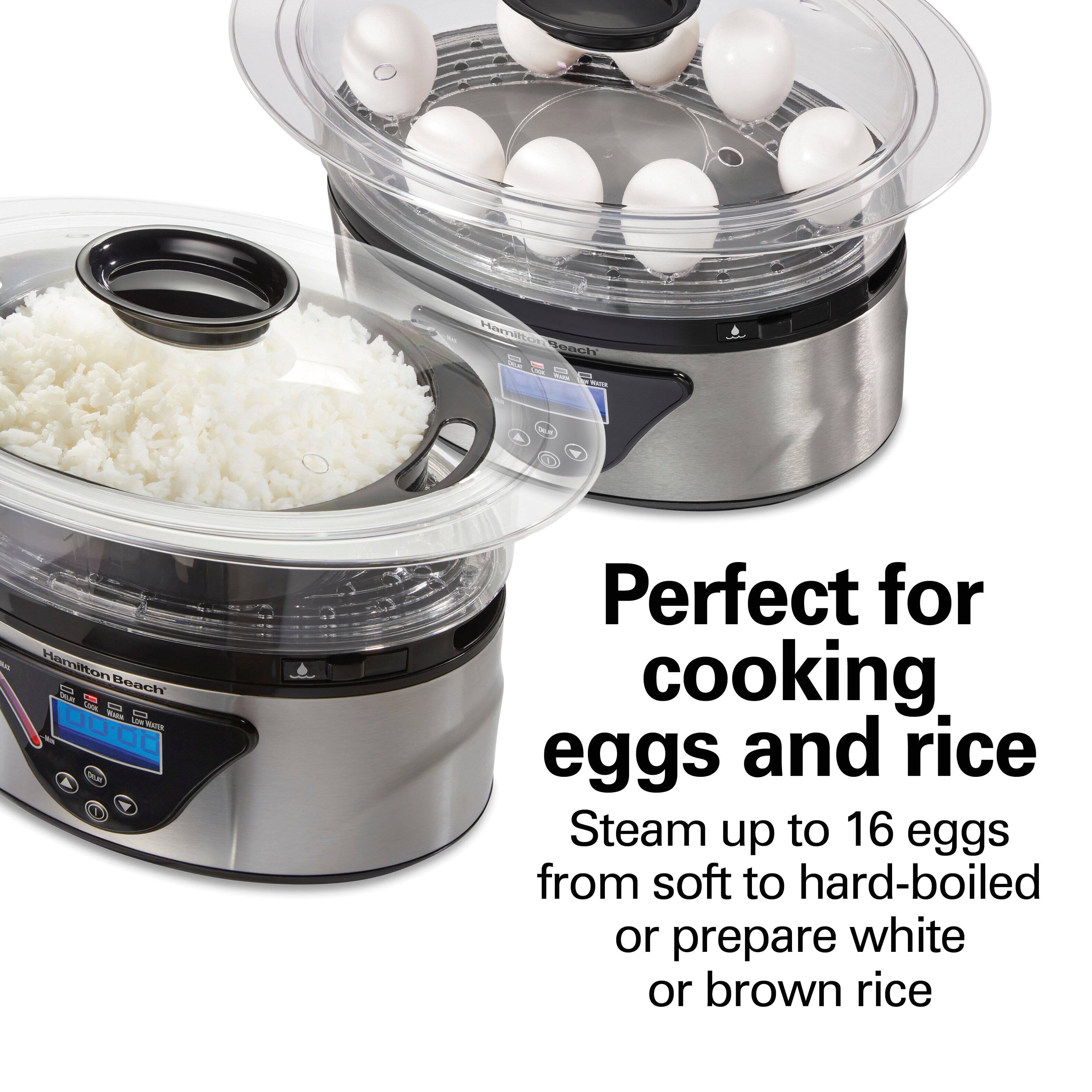 Perfect for cooking eggs and rice  
Steam up to 16 eggs from soft to hard-boiled or prepare white or brown rice
