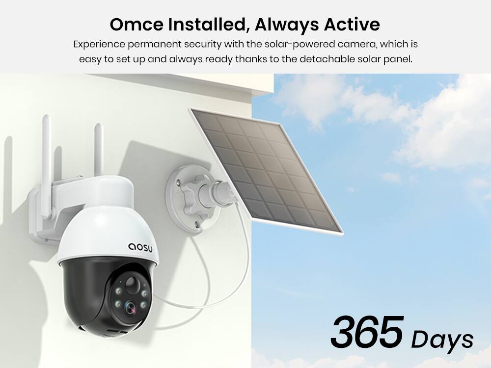 Once Installed, Always Active

Experience permanent security with the solar-powered camera, which is easy to set up and always ready thanks to the detachable solar panel.

365 Days