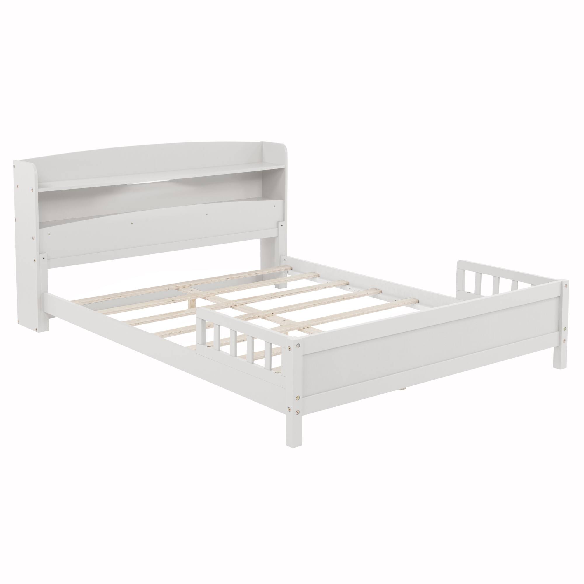 Alt View 4. GOODSILO - Full Size Wooden Bed with Integrated Bookshelf Headboard and LED Motion Sensor Lighting System - White.