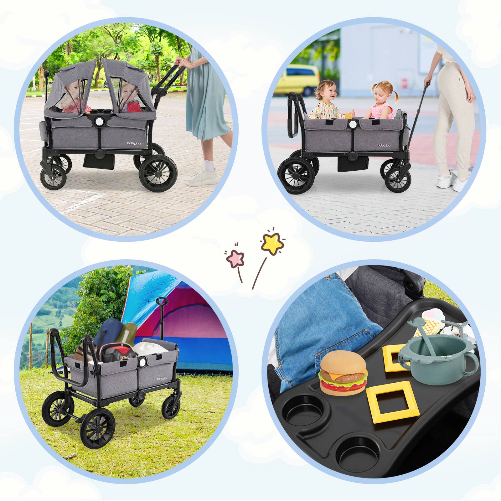 Alt View 8. Costway - Costway Collapsible Push Pull Double Stroller Wagon with Adjustable Handle Bar, Removable Canopy - Grey.