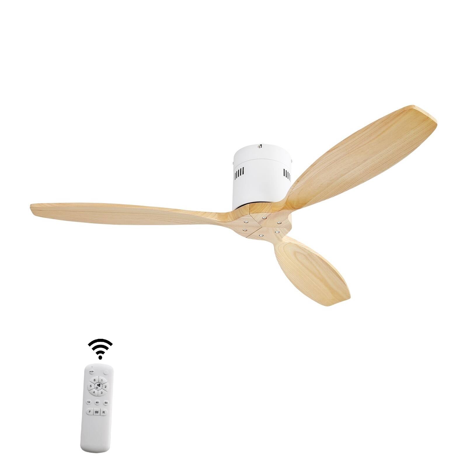 Sofucor - 52 Inch Wood Low Profile Ceiling Fans with Remote Quiet Reversible DC Motor Timer for Bedroom Farmhouse Indoor/Outdoor - White Burley wood- No Light