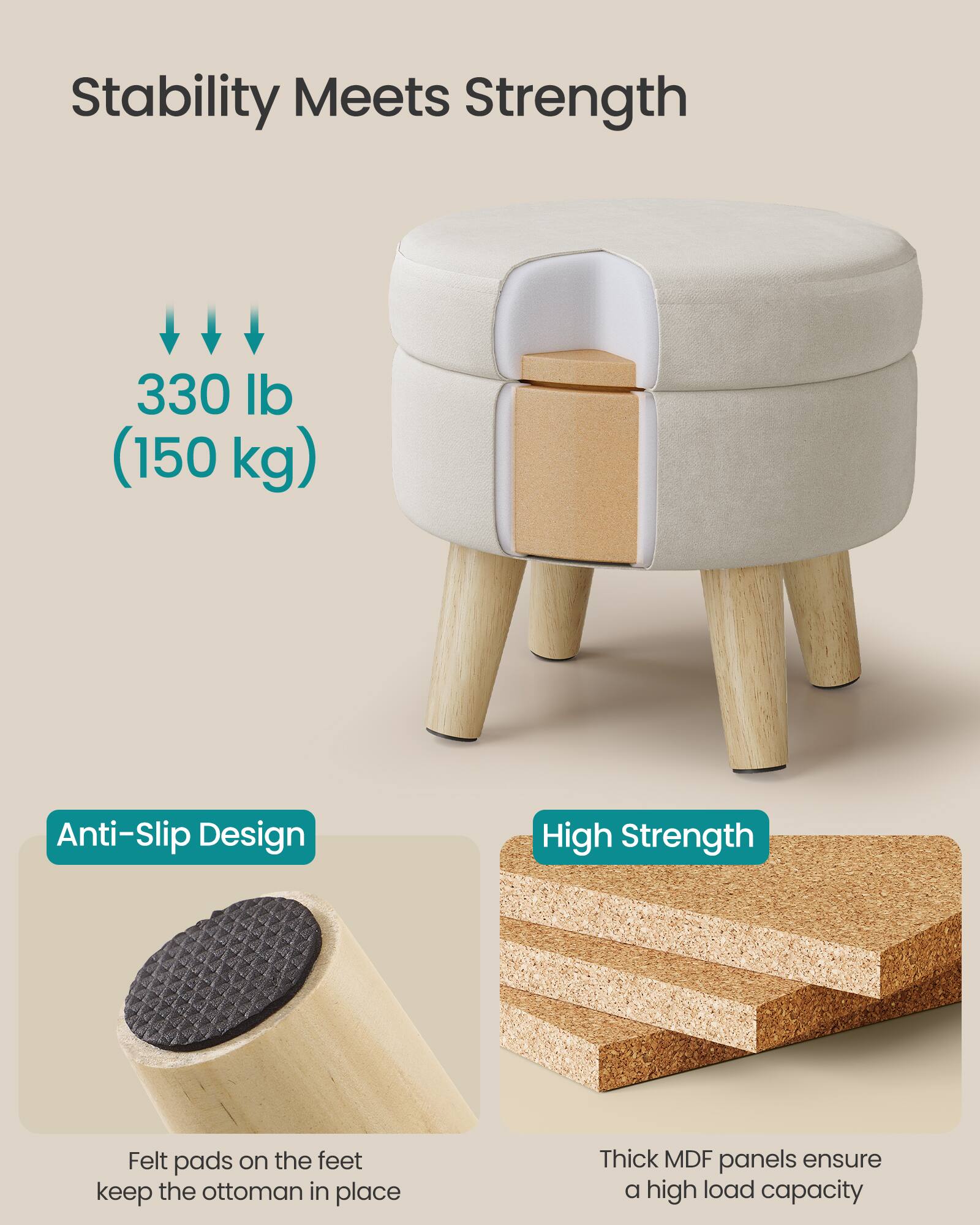 Stability Meets Strength

330 lb (150 kg)

Anti-Slip Design
Felt pads on the feet keep the ottoman in place

High Strength
Thick MDF panels ensure a high load capacity