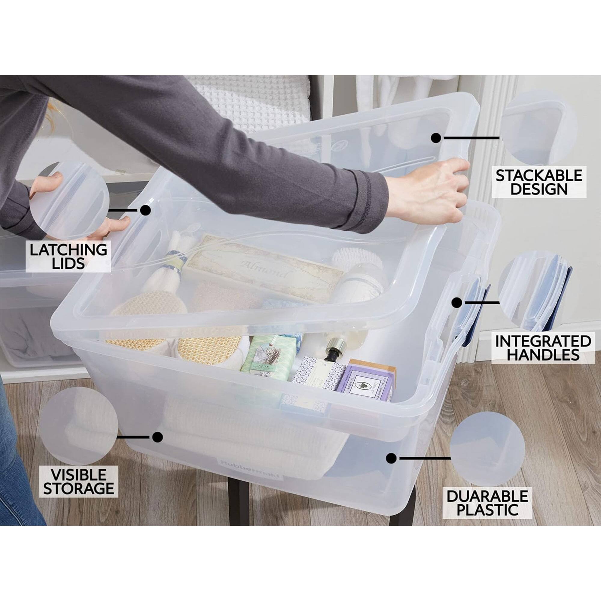 - Stackable Design
- Latching Lids
- Integrated Handles
- Visible Storage
- Durable Plastic