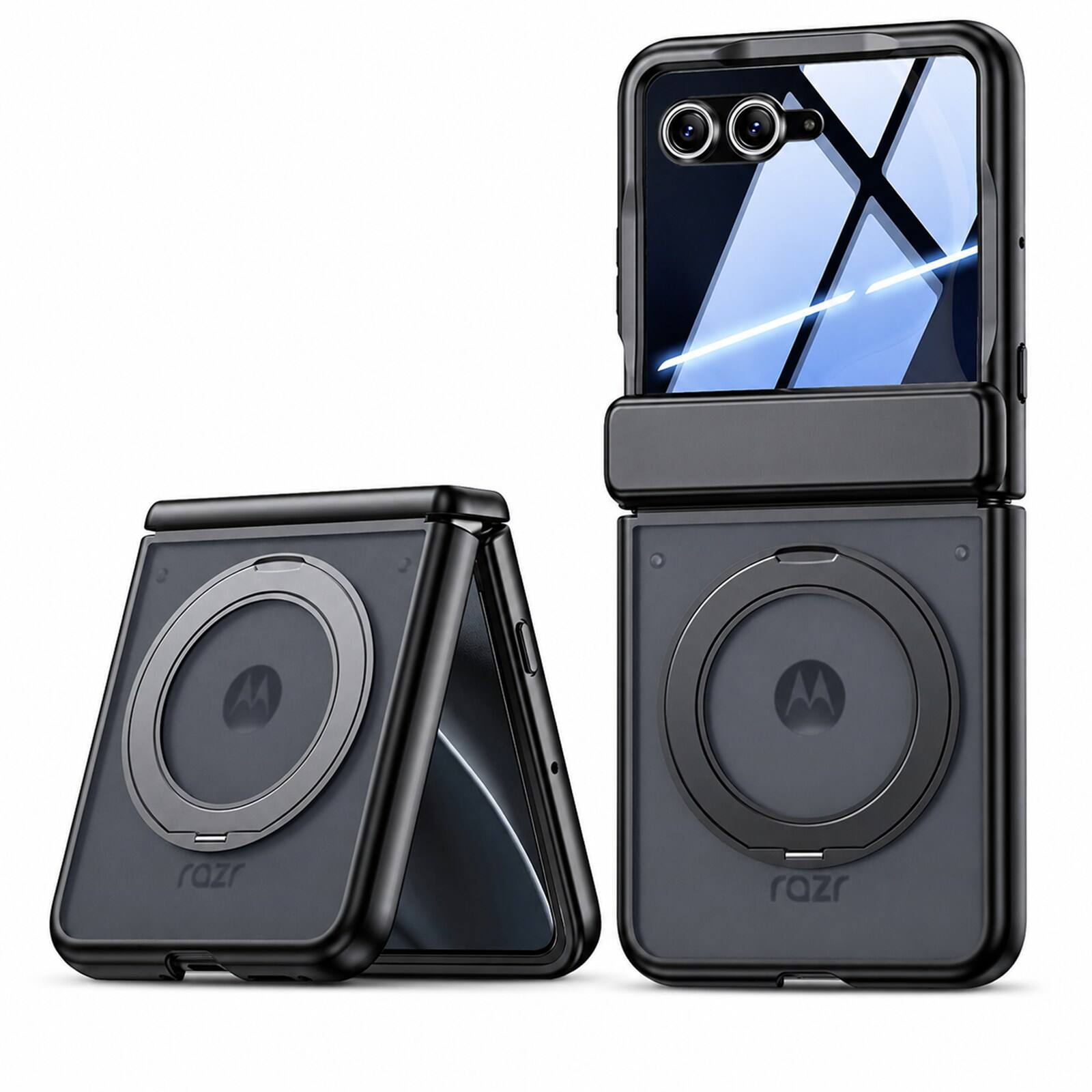 Dteck - Rugged Ring Stand Hinge Protection Frosted Magnetic Case Built-in Screen Protector For Motorola Razr 2026/2025/2024 - Black(Privacy Film)