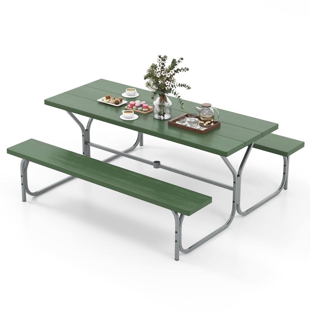 Alt View 5. Kadyn - 6 FT Picnic Table Bench Set Dining Table and 2 Benches with Metal Frame and HDPE Tabletop-Green for Patio Back Deck - Gray.