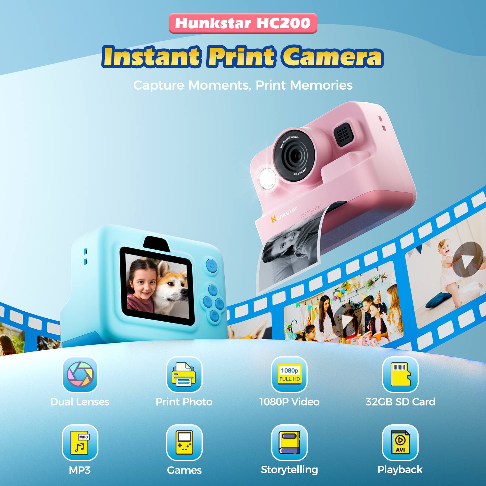 Hunkstar HC200 Instant Print Camera  
Capture Moments, Print Memories  

- Dual Lenses  
- Print Photo  
- 1080P Video  
- 32GB SD Card  
- MP3  
- Games  
- Storytelling  
- Playback