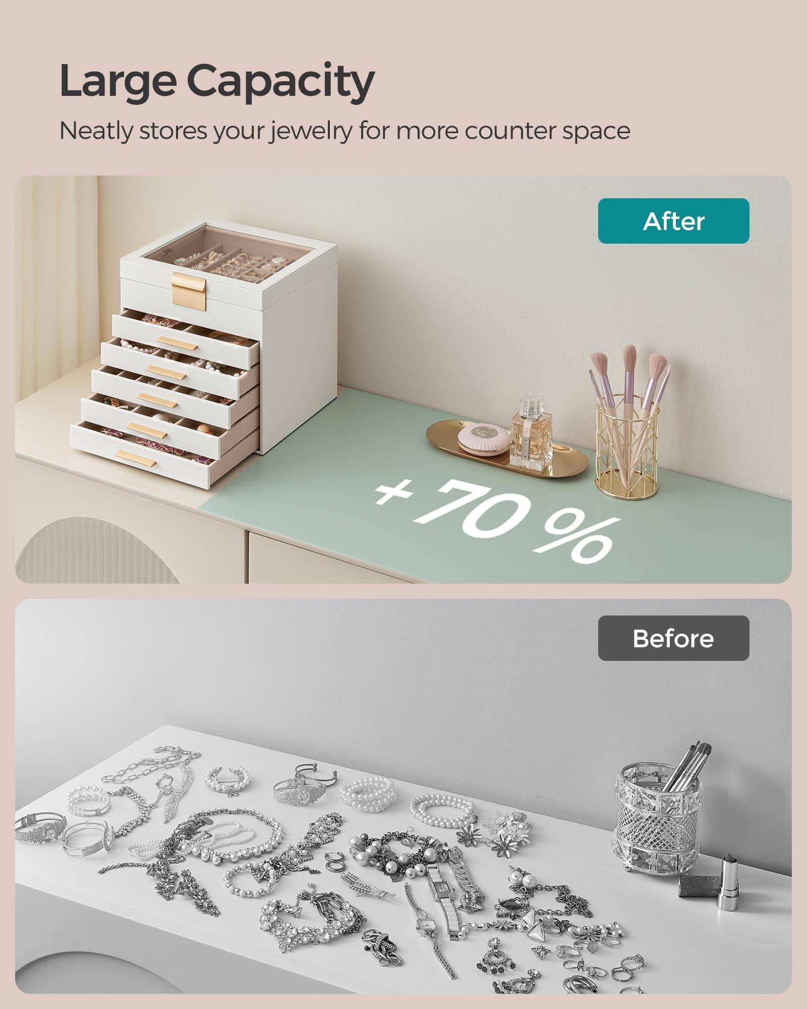 Large Capacity  
Neatly stores your jewelry for more counter space  

After  

+70%  

Before