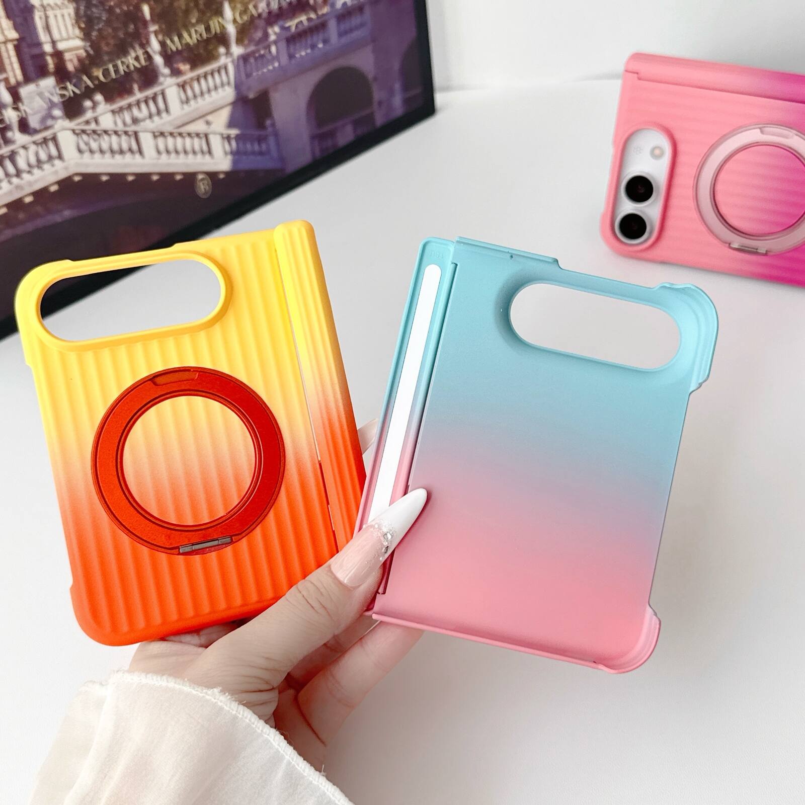 Angle. Dteck - Gradient Kickstand Case for Apple iPhone Duo, Non-Slip Hard PC Back Cover, Qi Wireless Charging Shock-absorbent Shell - Blue/Pink.