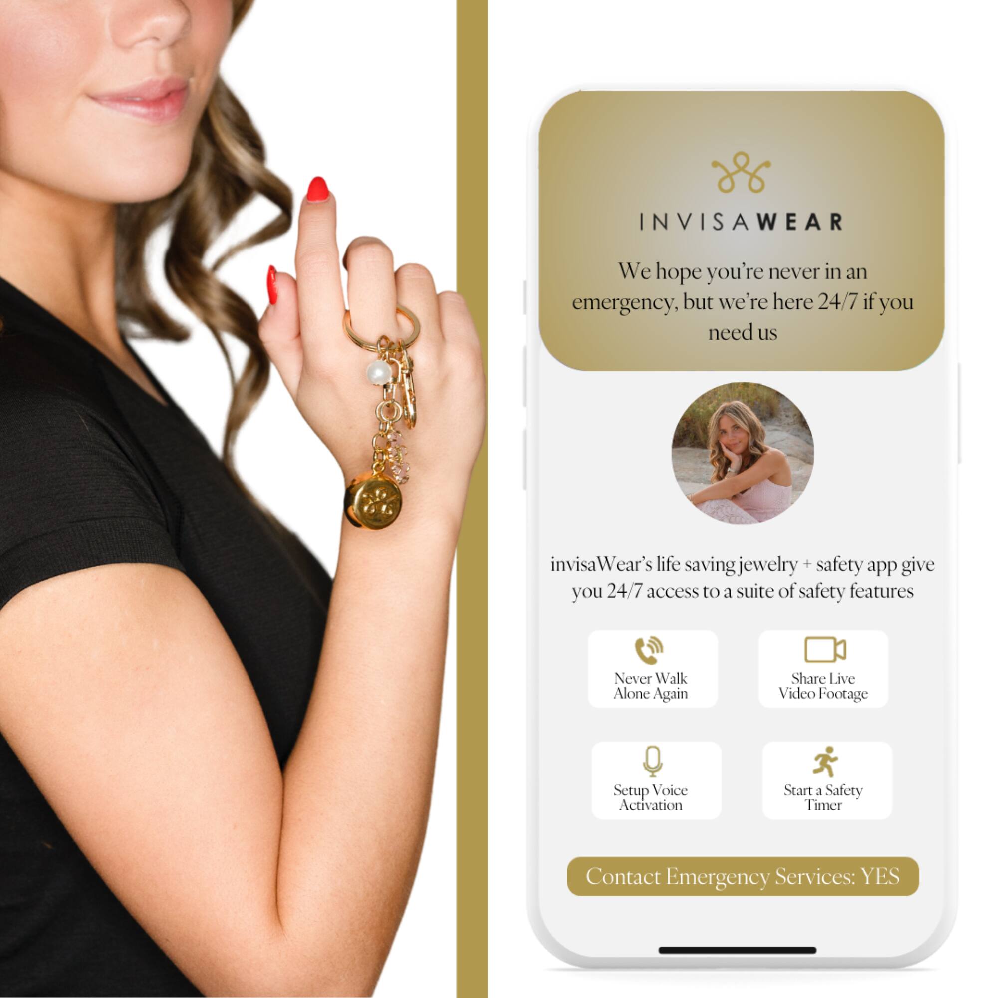 INVISAWEAR We hope you're never in an emergency, but we're here 24/7 if you need us. invisaWear's life-saving jewelry + safety app give you 24/7 access to a suite of safety features. Never Walk Alone Again. Share Live Video Footage. Setup Voice Activation. Start Safety Timer. Contact Emergency Services: YES.