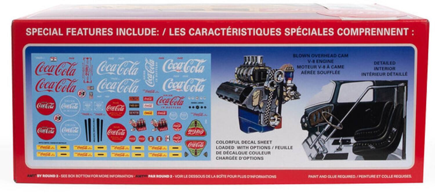 SPECIAL FEATURES INCLUDE: / LES CARACTÉRISTIQUES SPÉCIALES COMPRENNENT:  
- BLOWN OVERHEAD CAM V-8 ENGINE / MOTEUR V-8 À CAME SOUFFLÉ  
- DETAILED INTERIOR / INTÉRIEUR DÉTAILLÉ  
- COLORFUL DECAL SHEET LOADED WITH OPTIONS / FEUILLE DE DÉCALQUE COULEUR CHARGE D'OPTIONS  
- PAINT AND GLUE REQUIRED / PEINTURE ET COLLE REQUISES  

AMT BY ROUND 2 SEE BOX BOTTOM FOR MORE INFORMATION / AMT PAR ROUND 2 VORR LE DESSOUS DE LA BOITE POUR PLUS D'INFORMATIONS