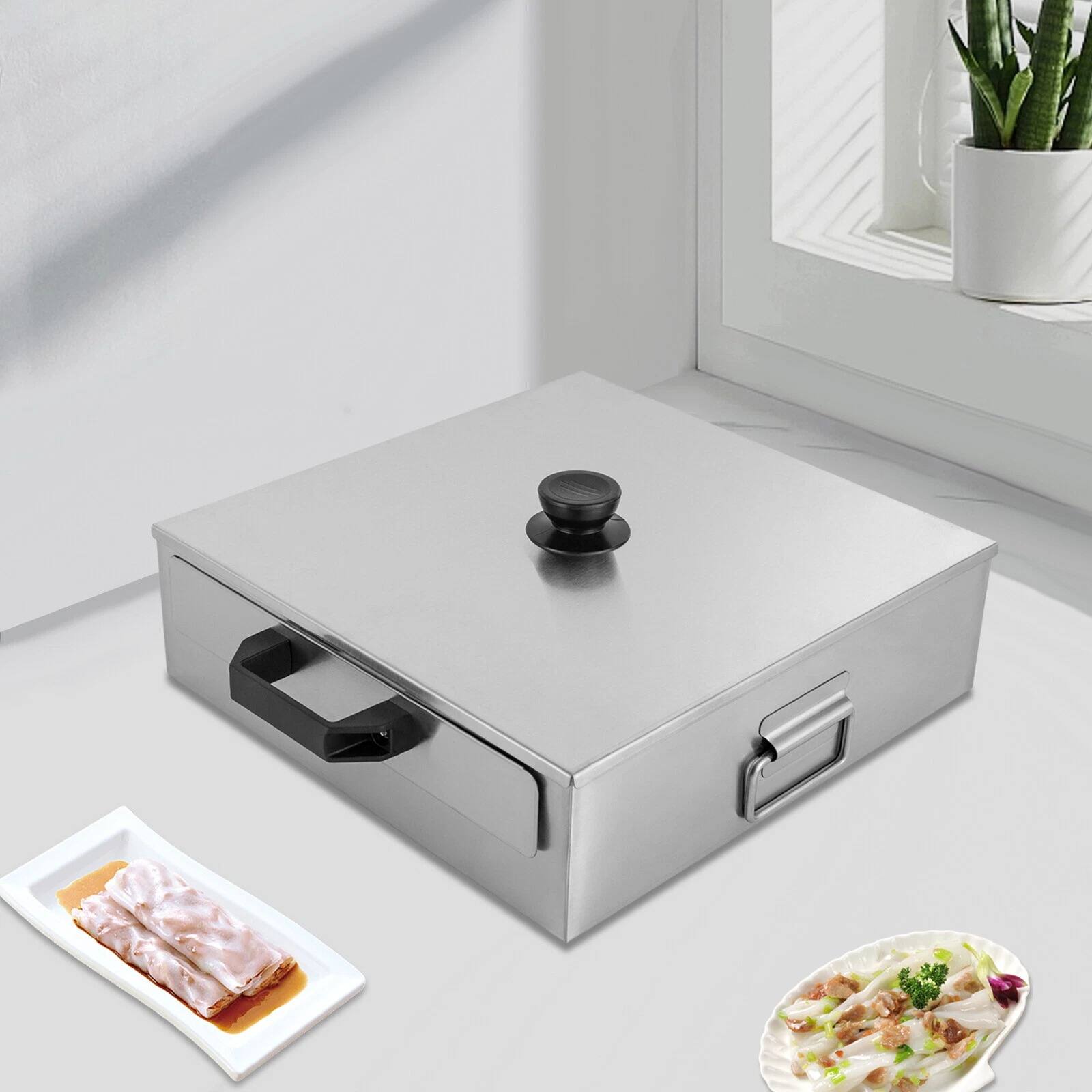 Angle. Home Collection - Stainless Steel Rice Noodle Roll Steamer with Trays and Lid - Silver.